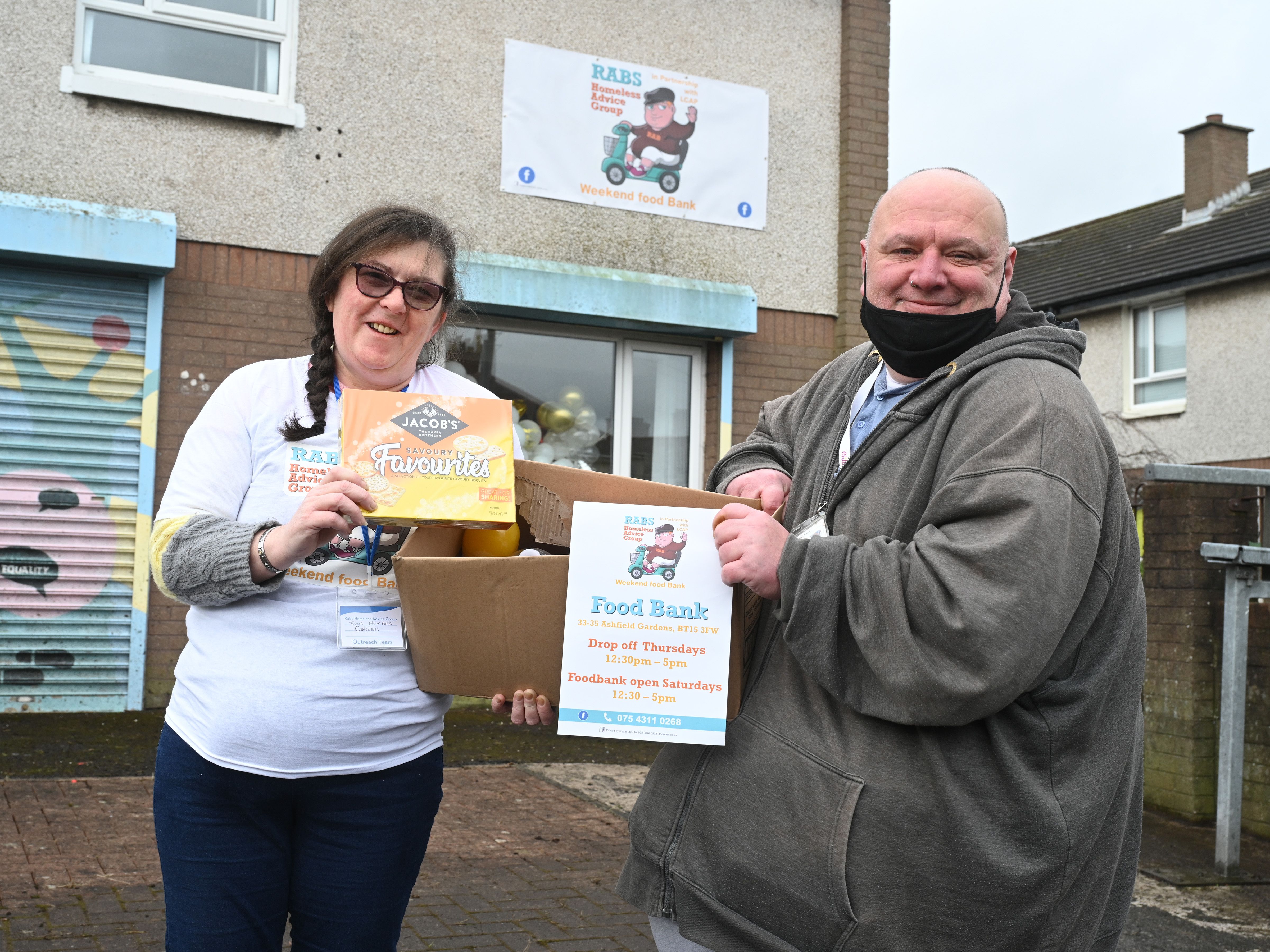 NEW SERVICE: Rab Maginnis and Coreen McCullough launching the weekend food bank on Saturday