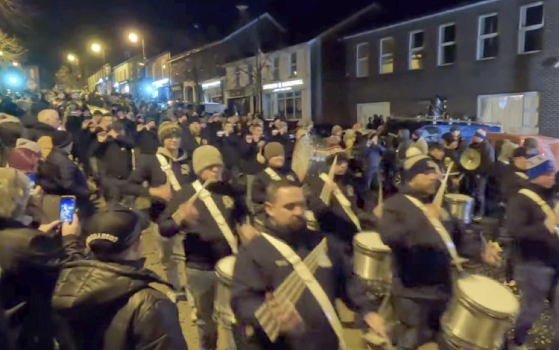 PROTEST: A loyalist band at Friday night’s anti-Protocol rally in Markethill, County Armagh