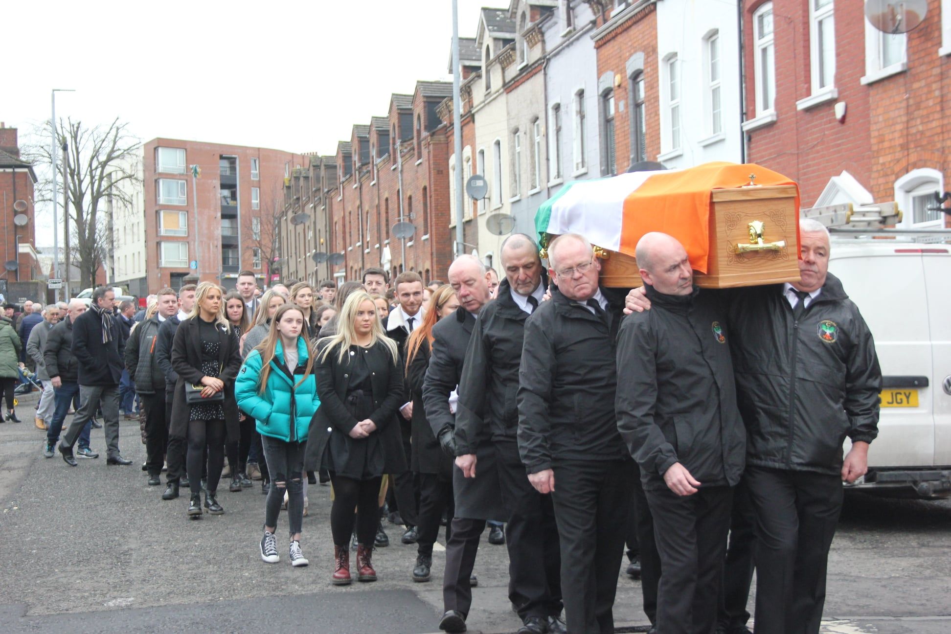 FINAL JOURNEY: The funeral of Kevin Stanton passed through the New Lodge on Monday