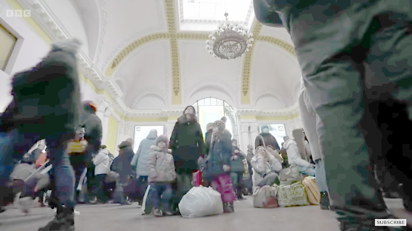 FLIGHT: Families stuck at the train station attempting to flee the large western Ukraine city of Lviv