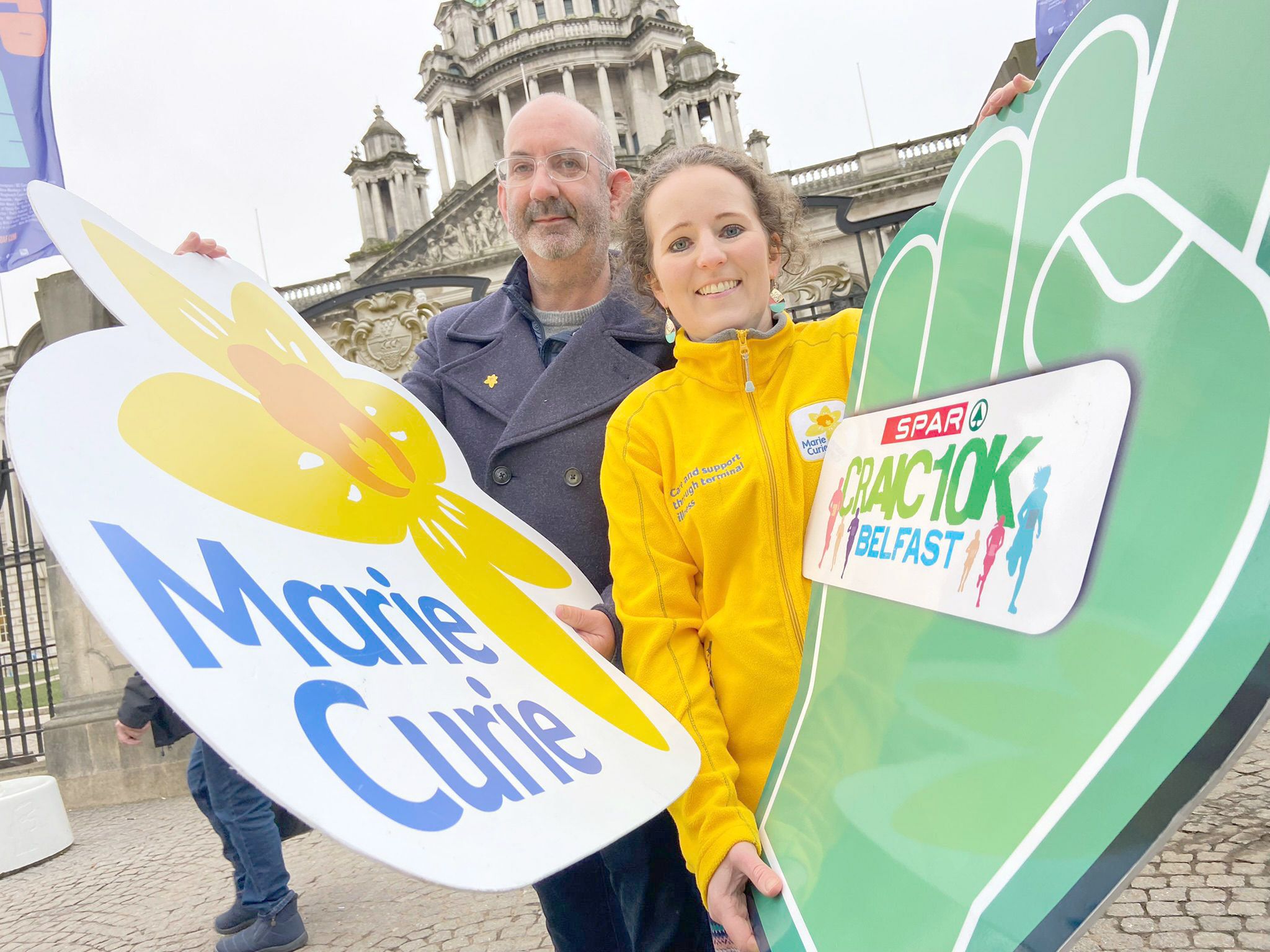 Emma Corey and Conor O’Kane frm Marie Curie get ready for the SPAR Craic 10k