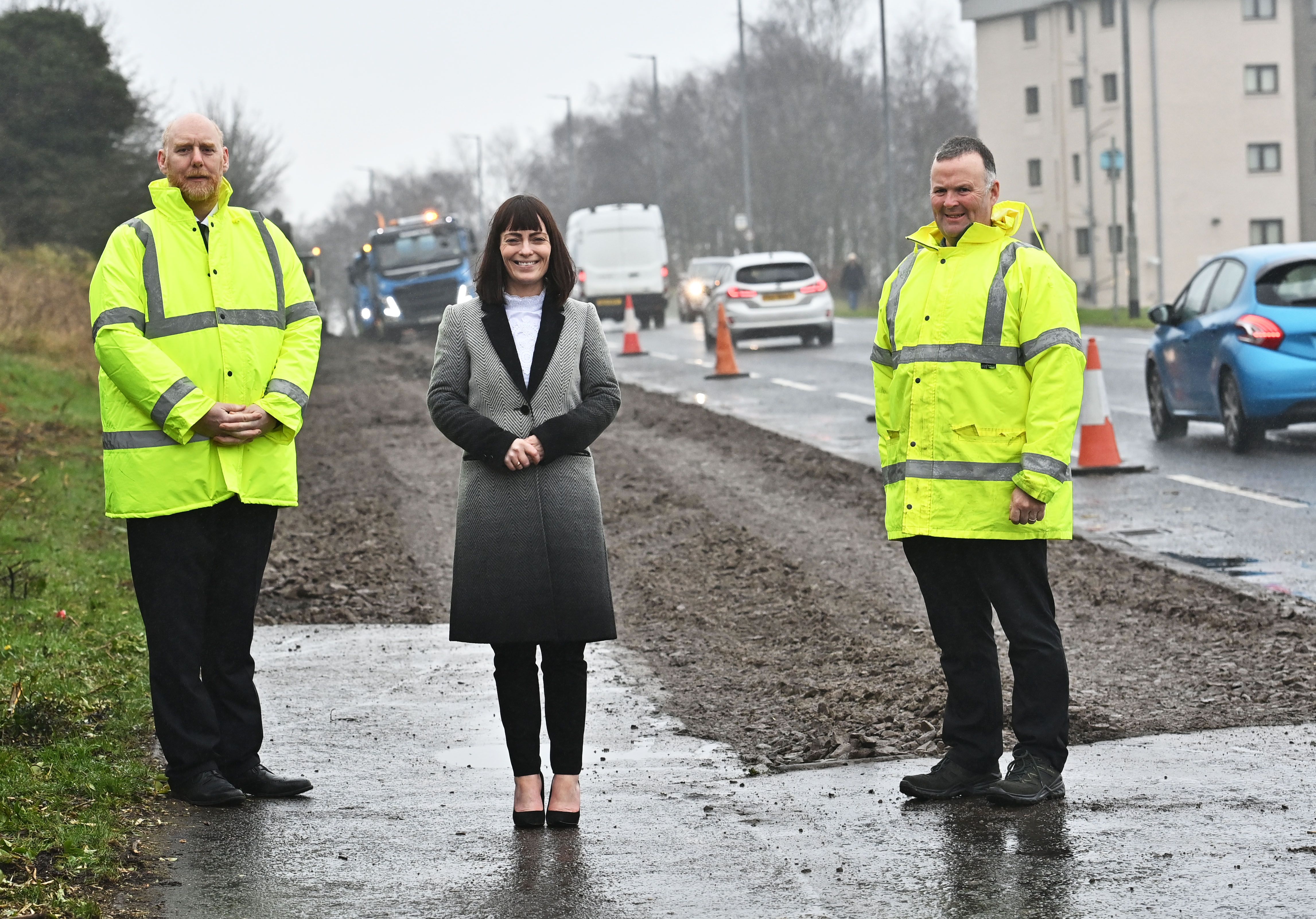 CYCLE-FOOTWAY SCHEME: Alan Keys (DfI), Infrastructure Minister Nichola Mallon and Seamus Graffin (DfI) on the O\'Neill Road in Newtownabbey