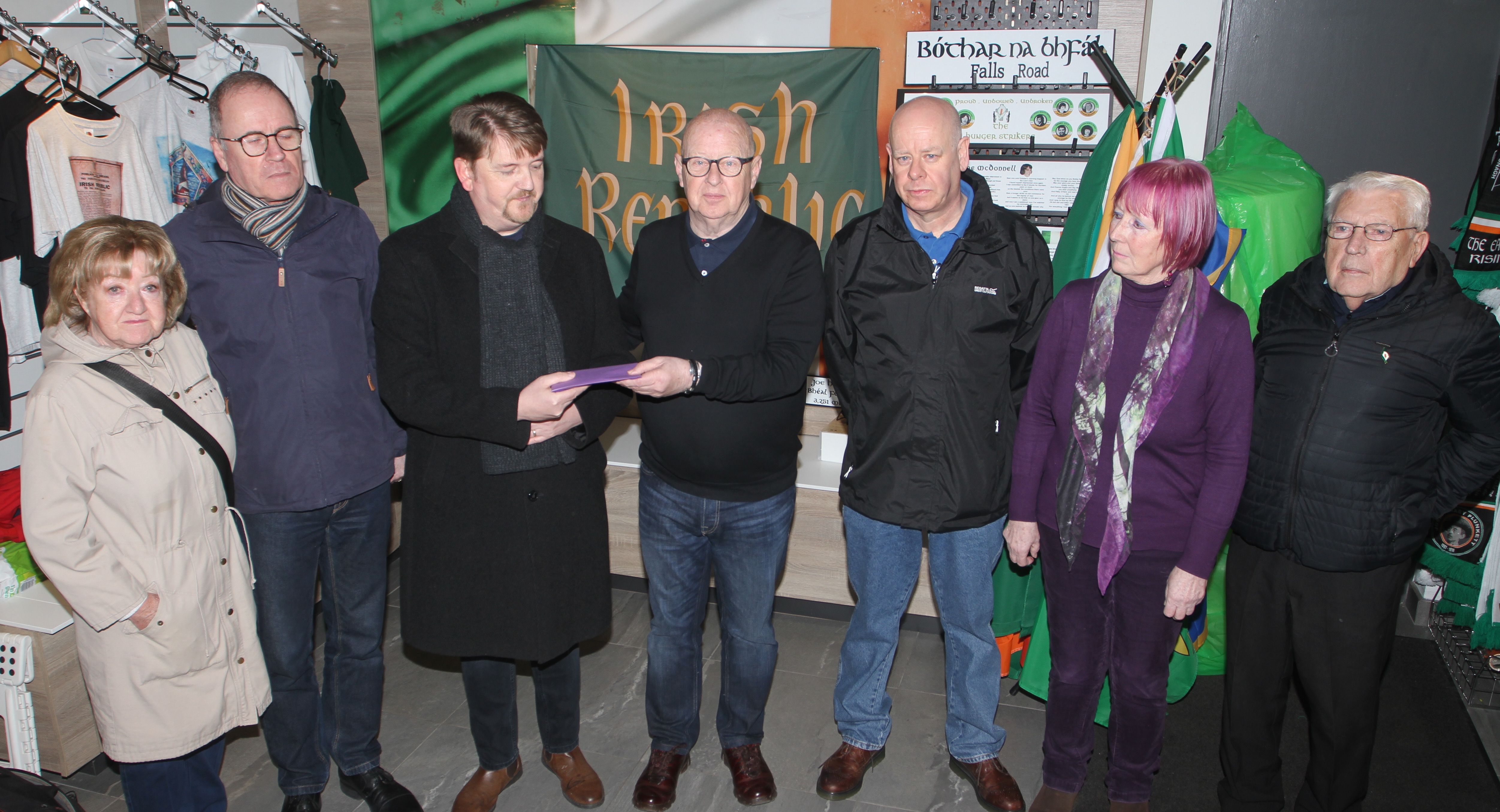 DONATION: Maureen McGuinness, Pól Wilson (NGA), Tambo McWilliams, Joe Austin (NGA) Bobby Campbell, Roseleen Walsh (NGA) and Dessie Kennedy (NGA