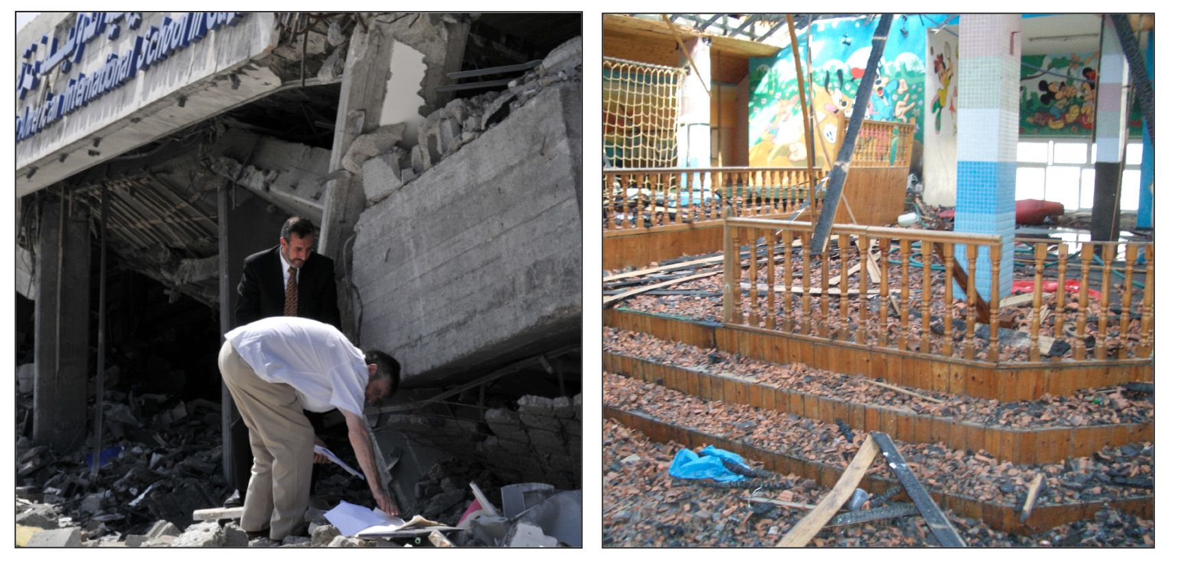 DESTROYED: The rubble of a Gaza hospital and Disney posters in a Gaza school