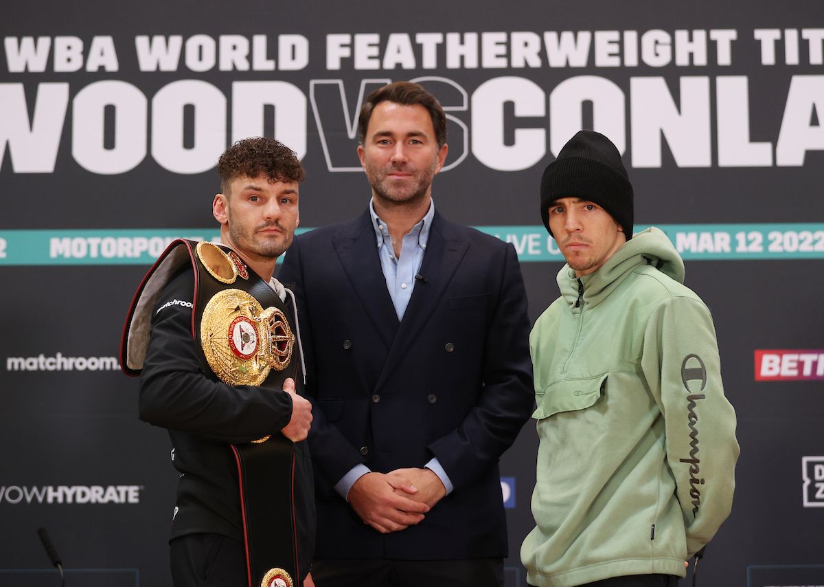 Leigh Wood and Michael Conlan with promoter Eddie Hearn at Thursday\'s fial press conference
