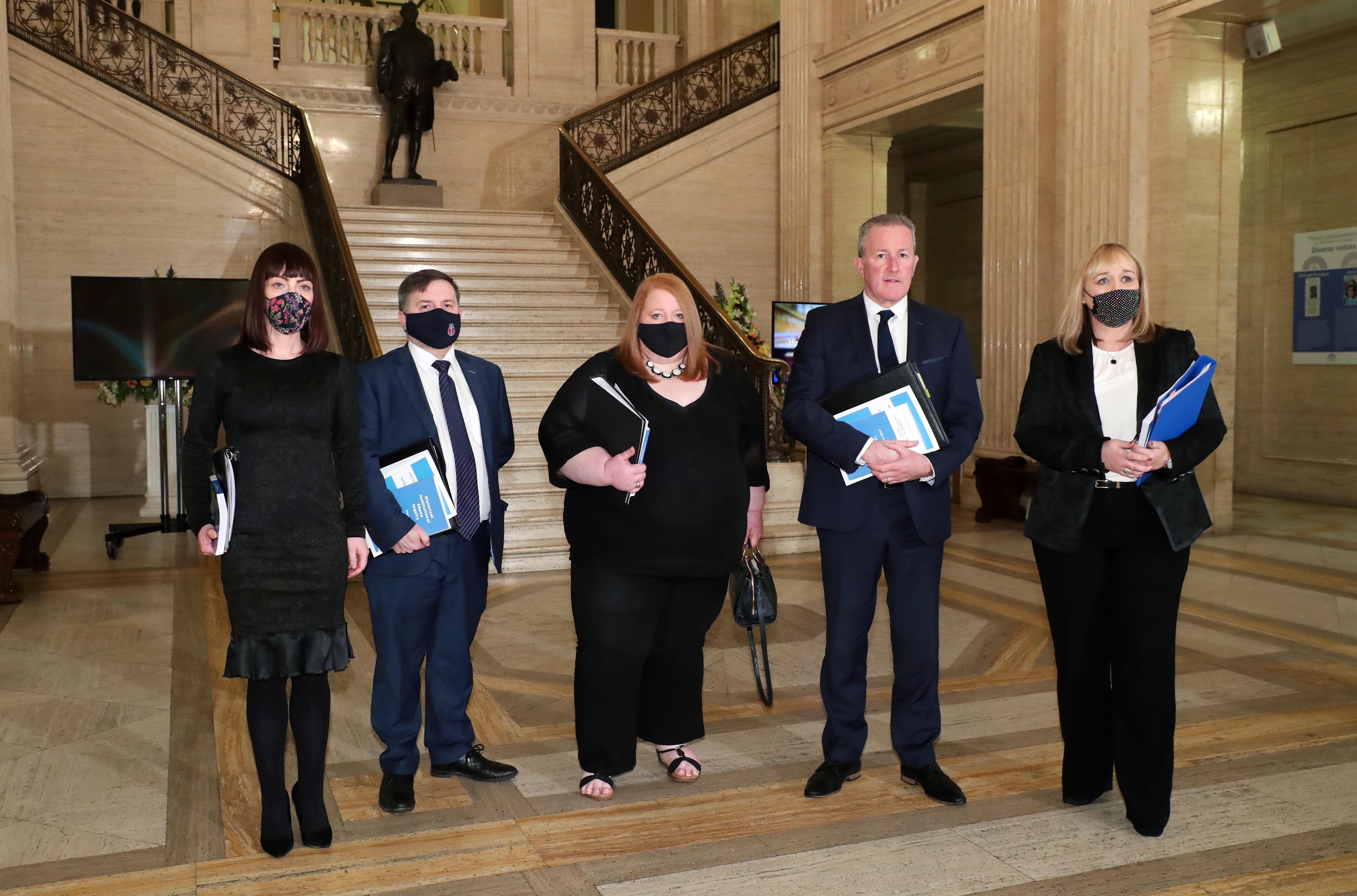APOLOGY: Ministers Nichola Mallon, Robin Swann, Naomi Long, Conor Murphy and Michelle McIlveen