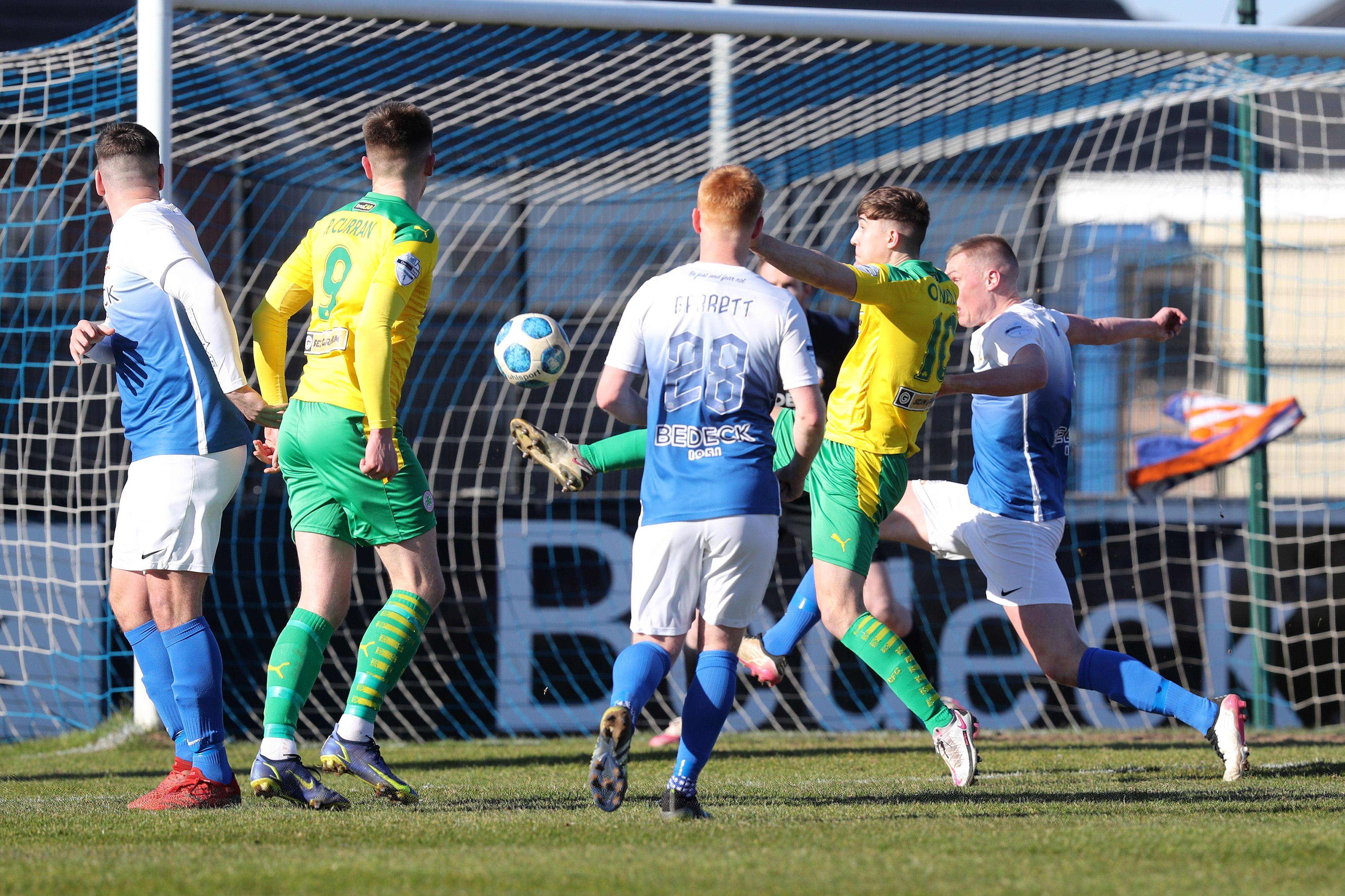 Paul O\'Neill fnds the net at Mourneview Park on Saturday