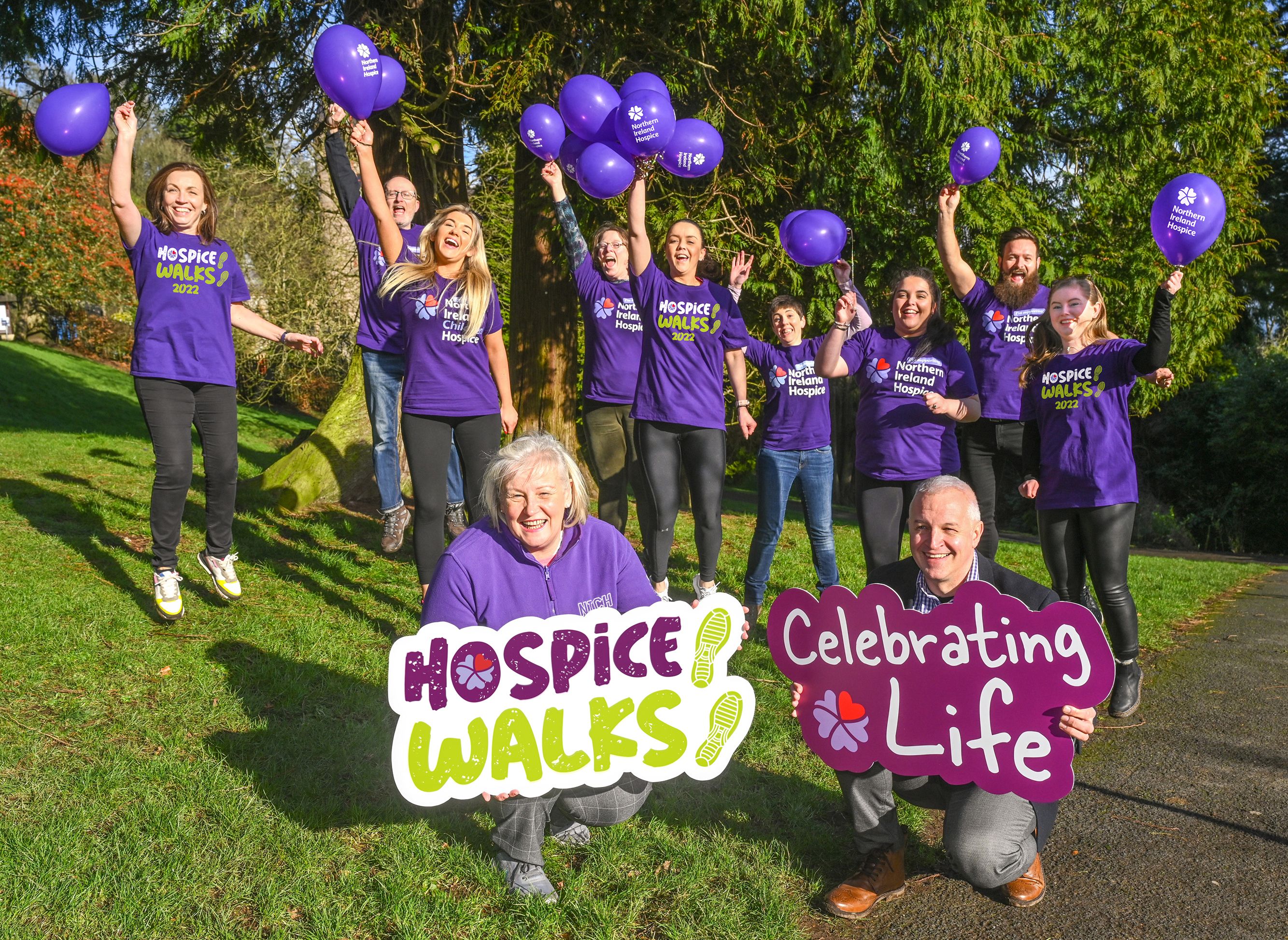 GO WALKING: Heather Weir, CEO at NI Hospice and Paul Francis, Head of Philanthropy at NI Hospice, with Hospice team and supporters