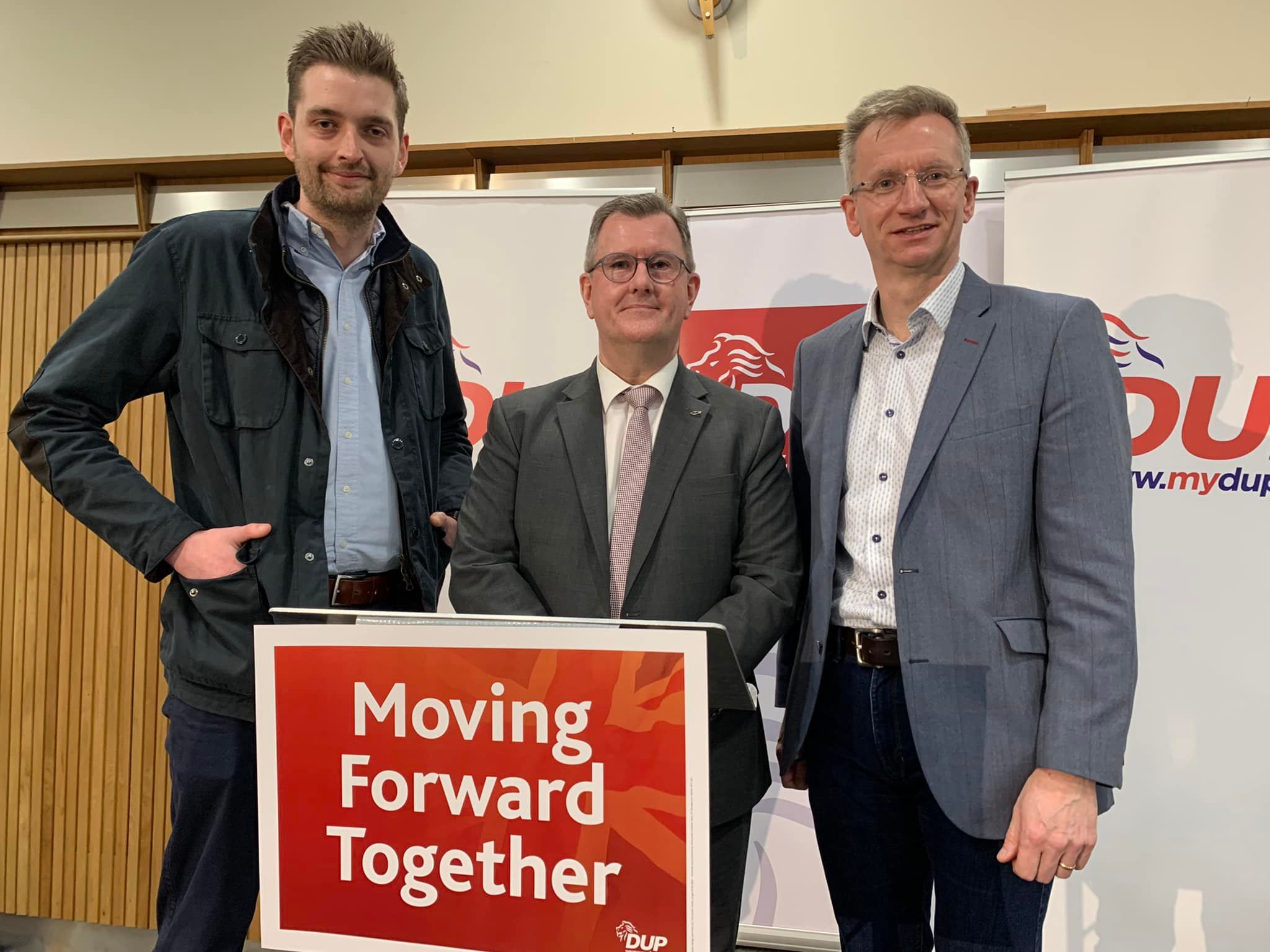 SELECTED: North Belfast DUP Assembly candidates Brian Kingston, right, and Phillip Brett with DUP leader Jeffrey Donaldson