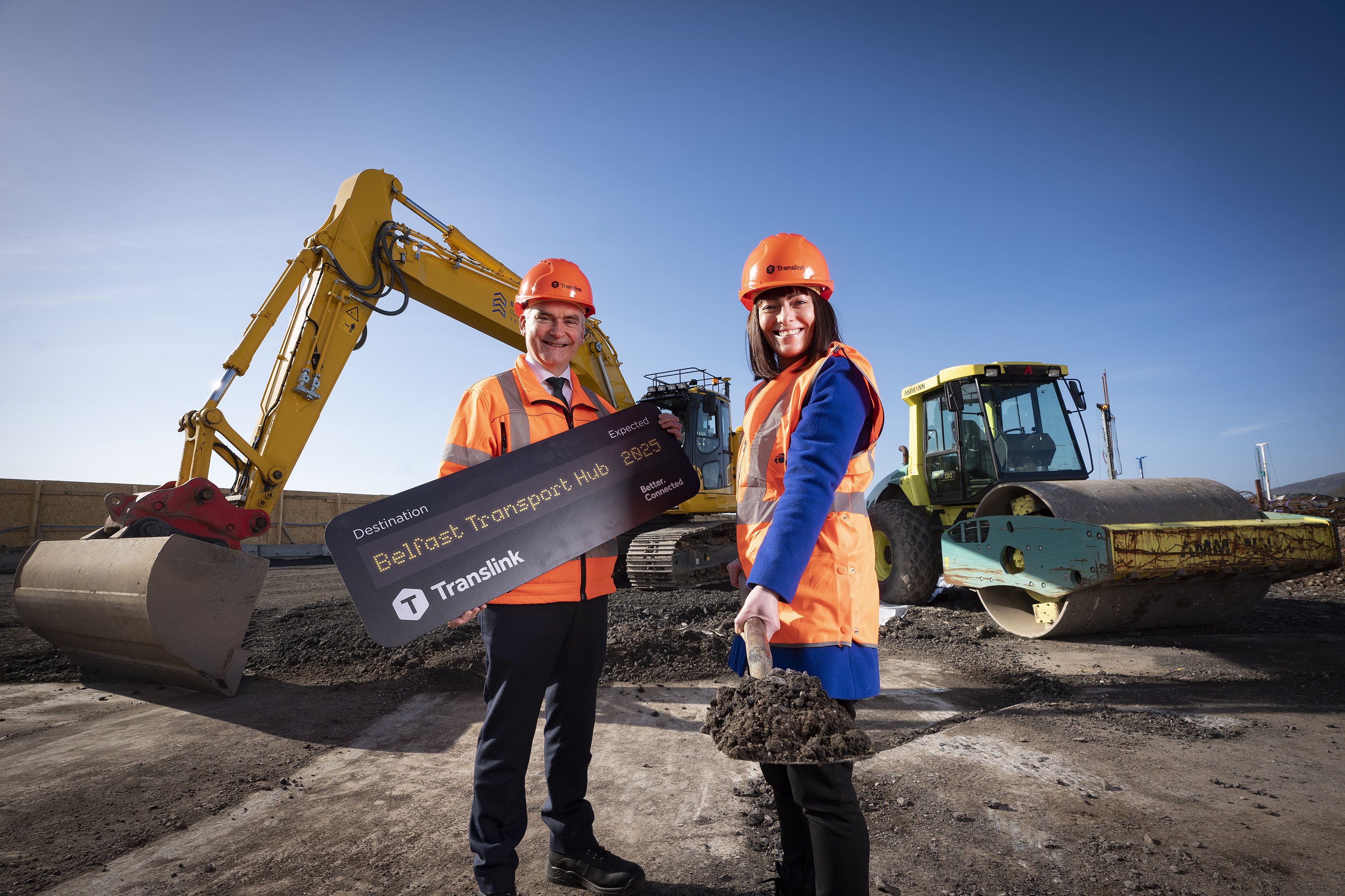 FIRST SOD: Infrastructure Minister Nichola Mallon with Translink Group Chief Executive Chris Conway at the site of Belfast\'s new transport hub