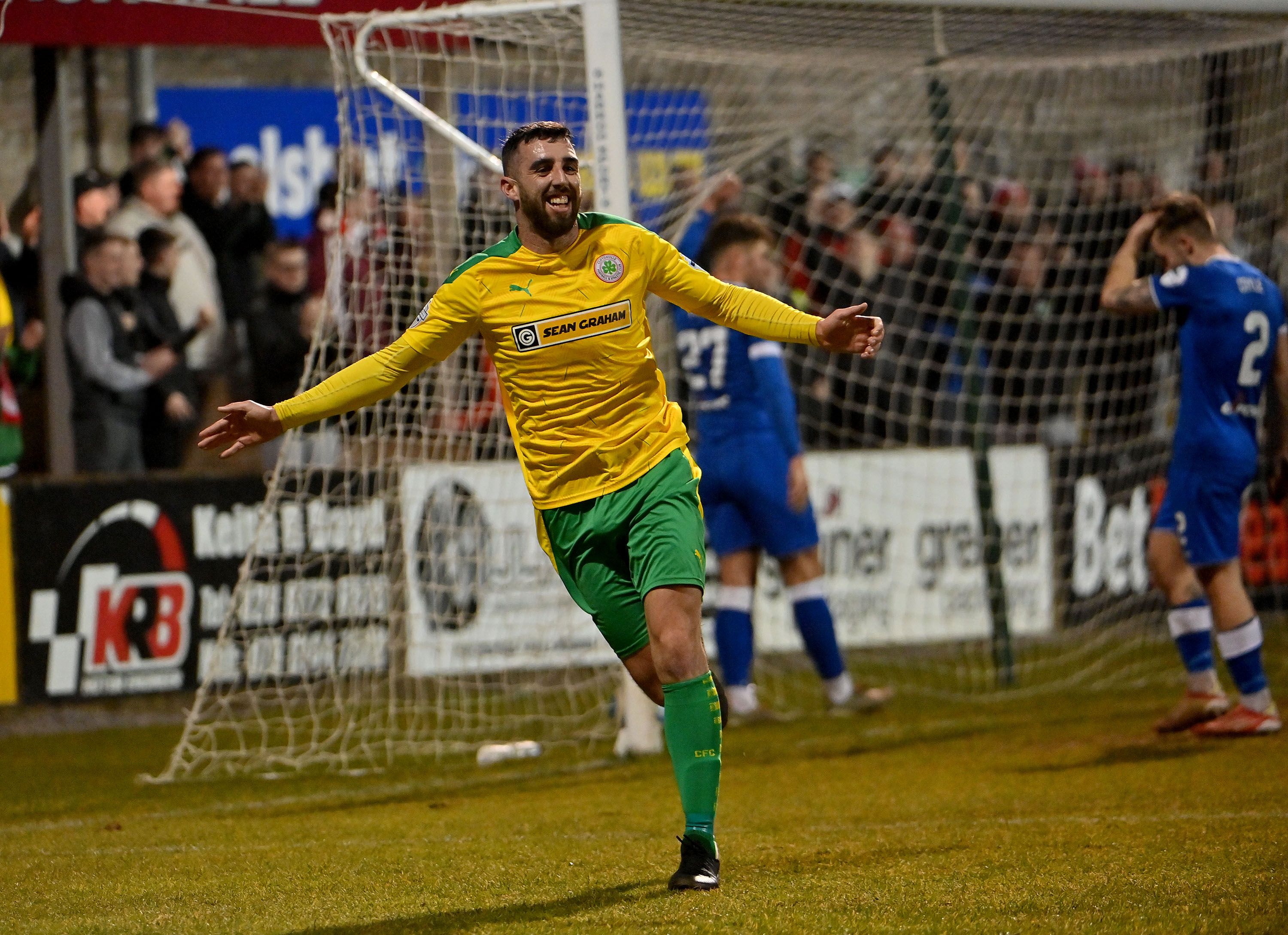 Joe Gormley celebrates scoring the only goal of he game at Stangmore Park