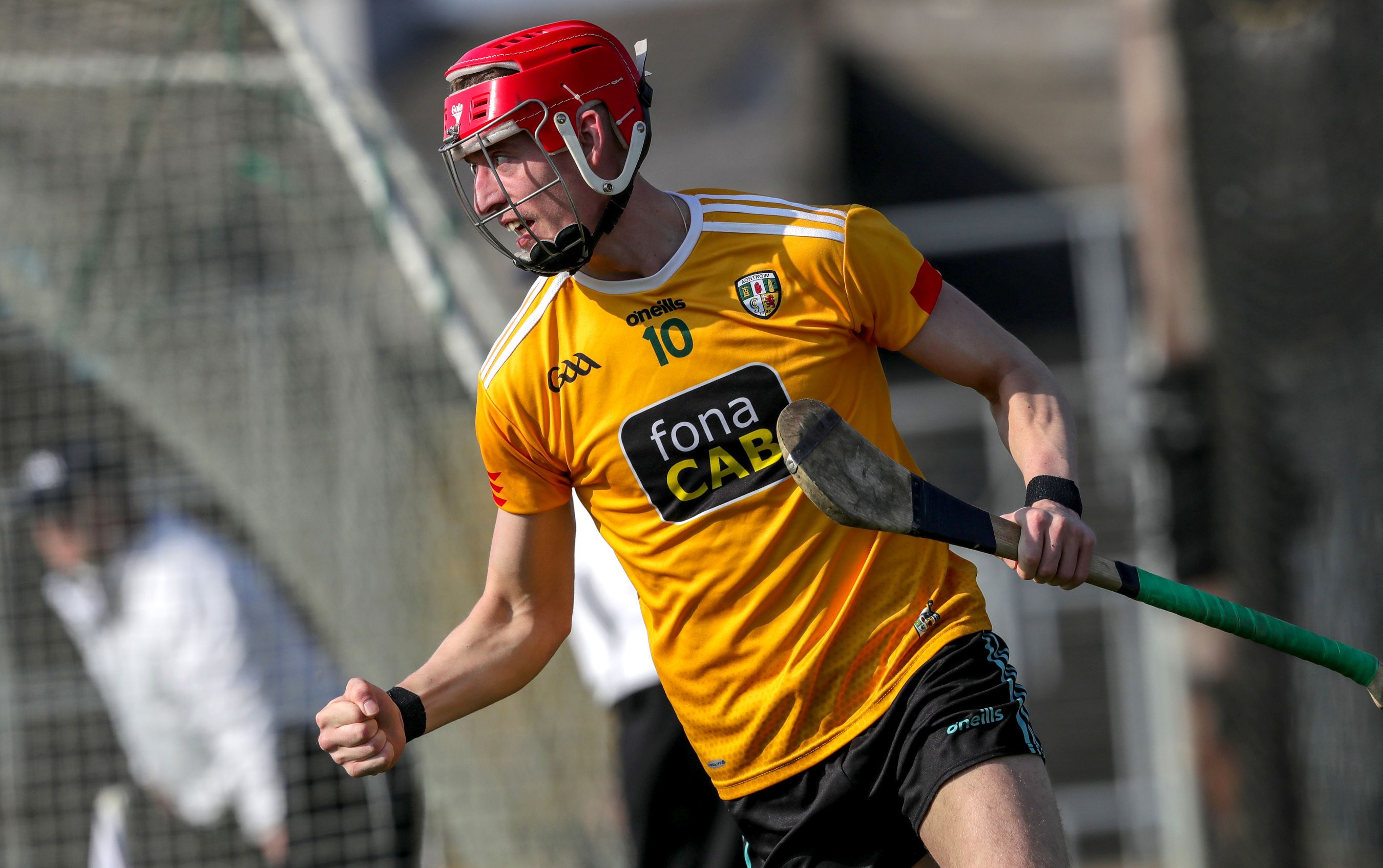 James McNaughton celebrates finding the net early for Antrim against Offaly on Saturday