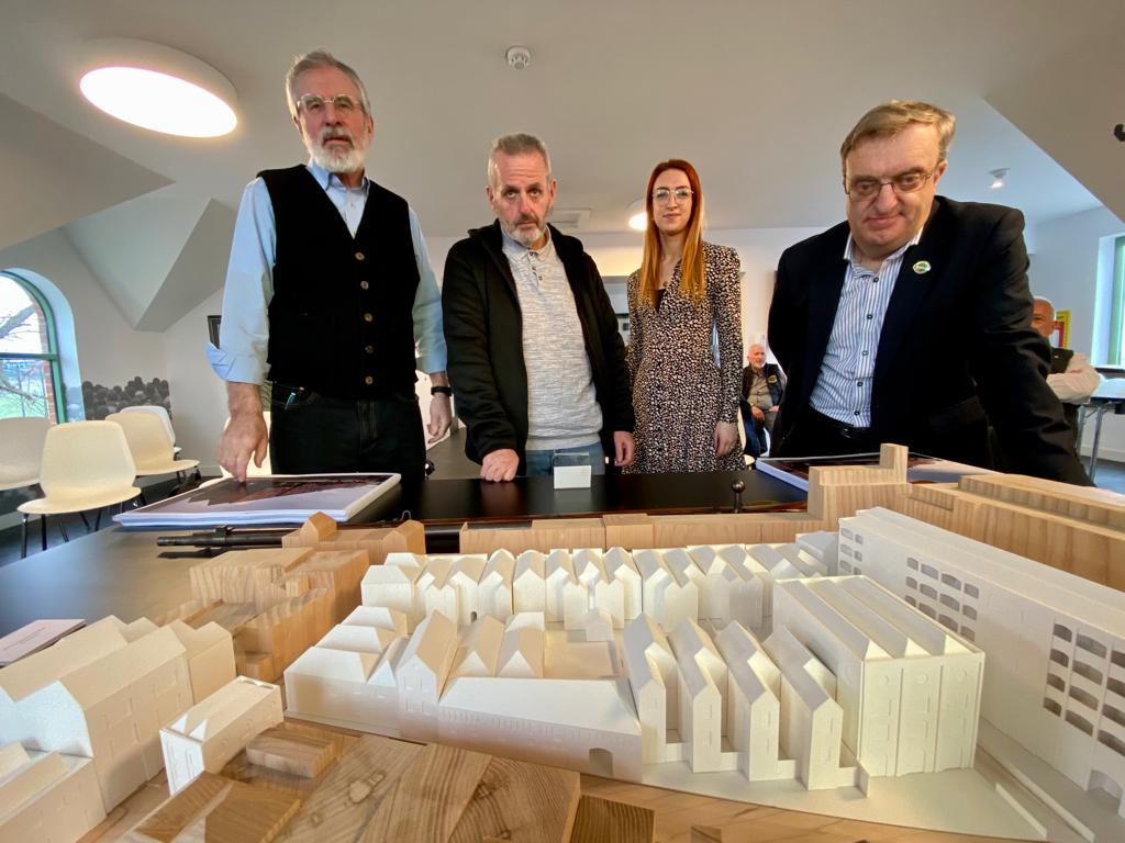 VISION: Gerry Adams looks at the plans with Pat McDermott, grand nephew of Seán Mac MacDiarmada, Cíodhna Nic Branair from the Connolly Centre, and Cllr Mícheál Mac Donncha