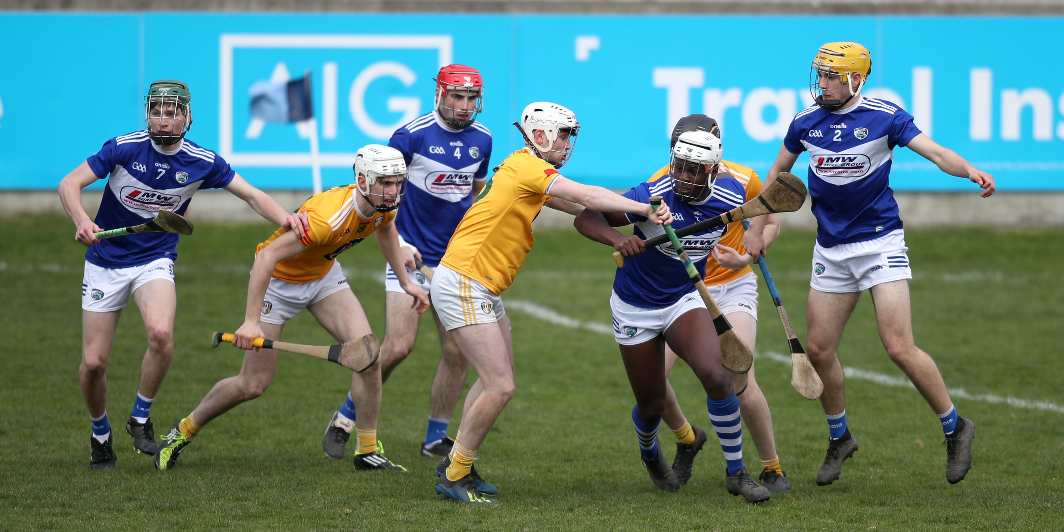 Laois full-back Lawson Obular breaks out of defence during Saturday\'s Leinster U20 Hurling Championship game against Antrim at Parnell Park 