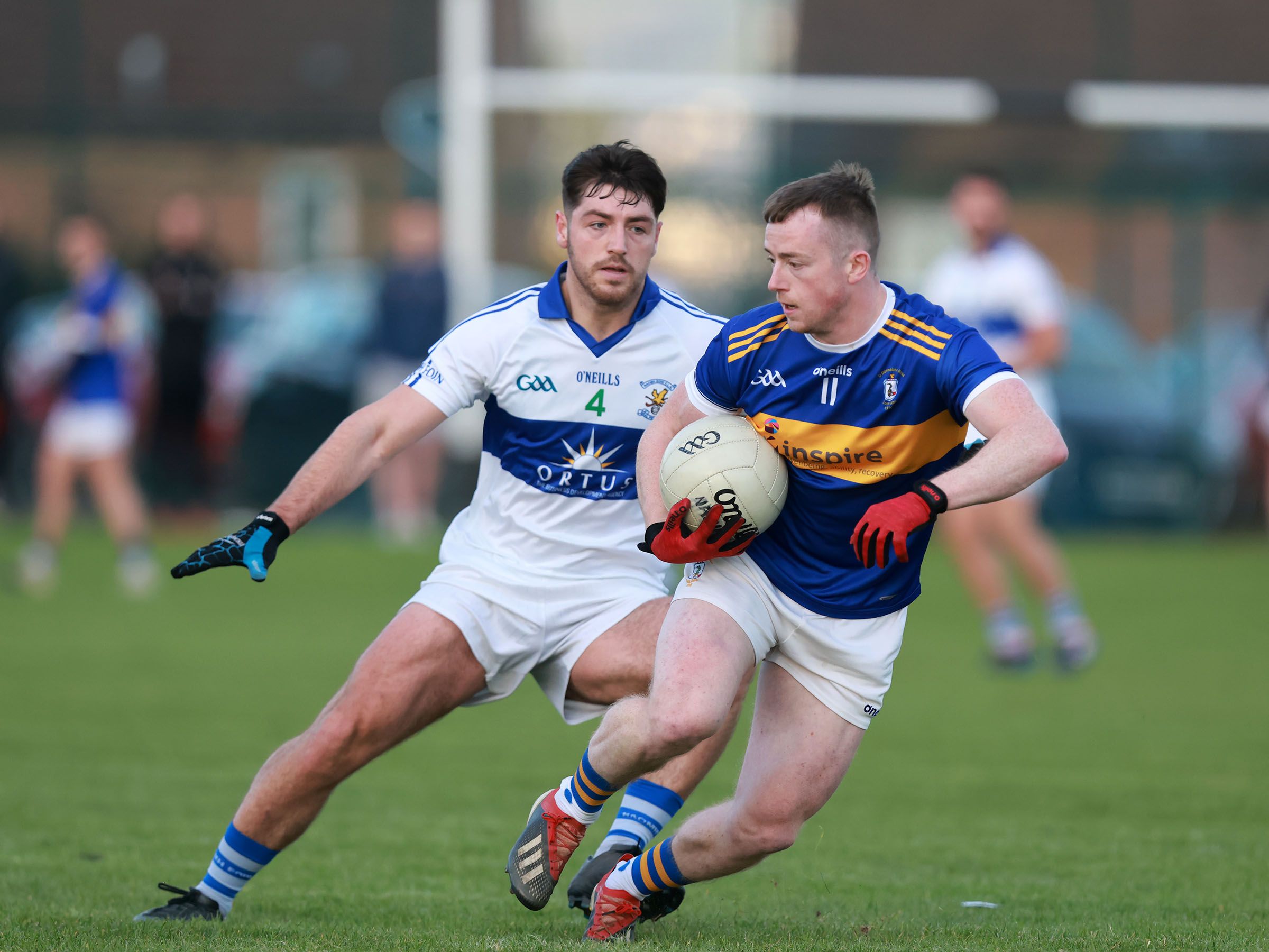 Thomas Morgan - who top-scored with 0-8 - gets out in front of Ciaran Garland at Rossa Park on Wednesday