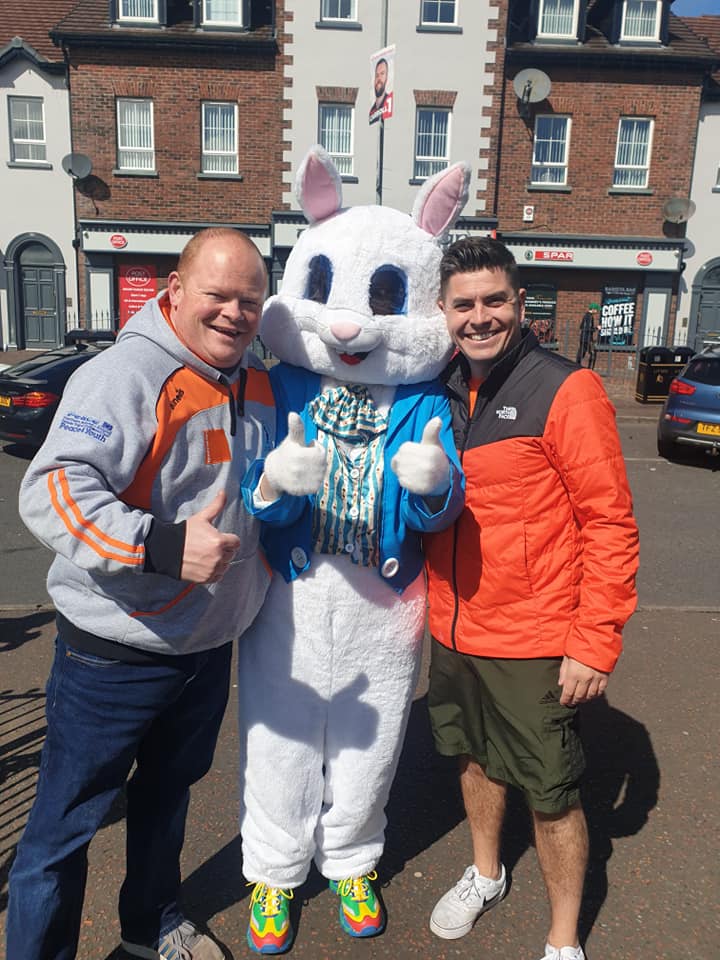 EGG HEADS: The Easter Bunny joined Colm Fanning and Danny Baker at the Lagmore Youth Project event