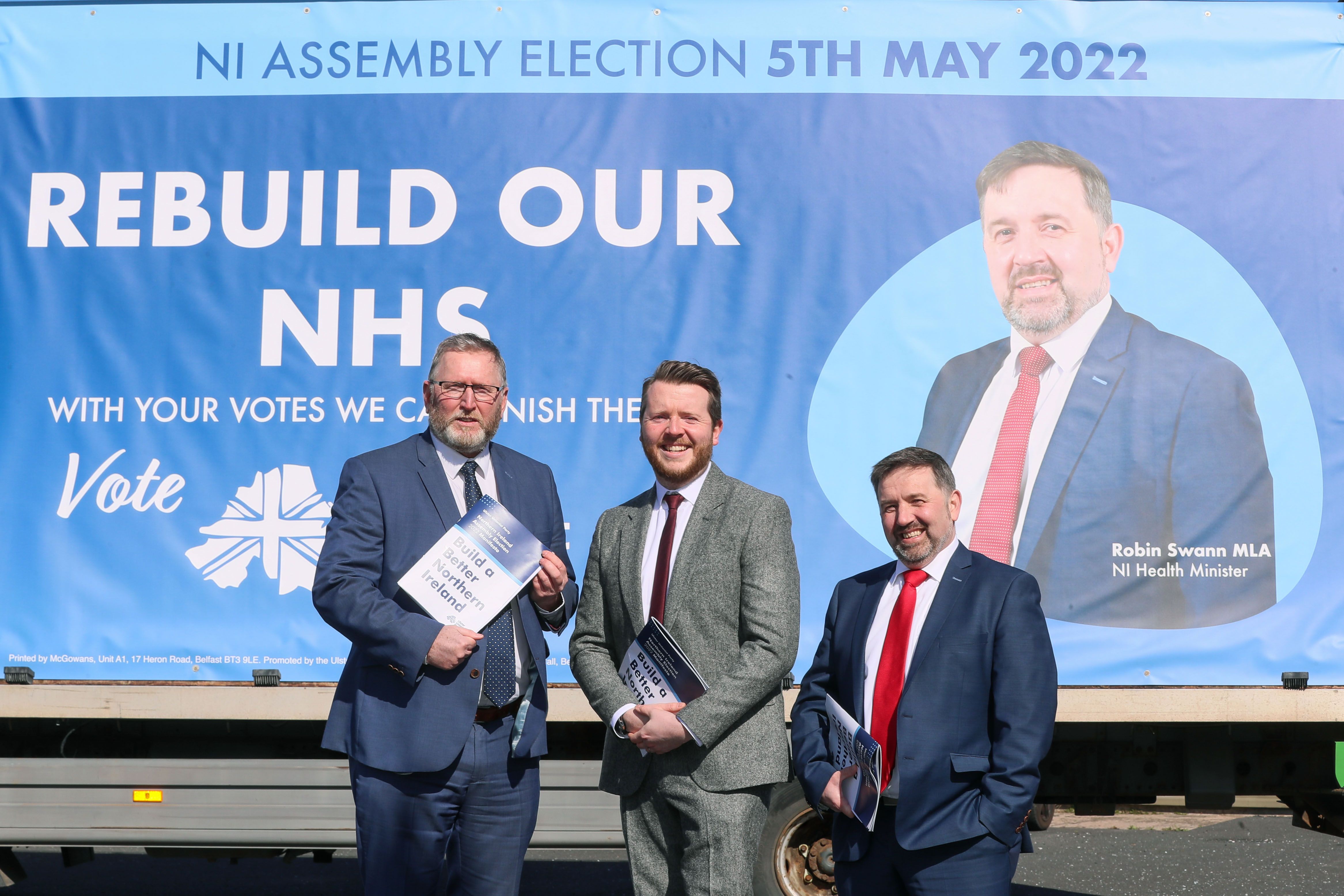 CANDIDATE: Stephen McCarthy (centre), with UUP leader Doug Beattie (left) and Health Minister Robin Swann