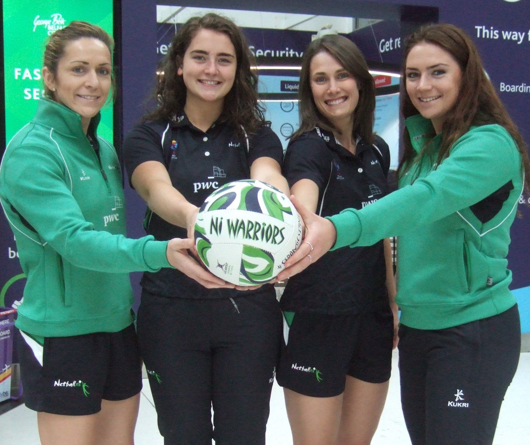 NI Warriors stars and SuperLeague rivals (from left) Caroline O\'Hanlon, Michelle Magee, Niamh Cooper and Emma Magee 