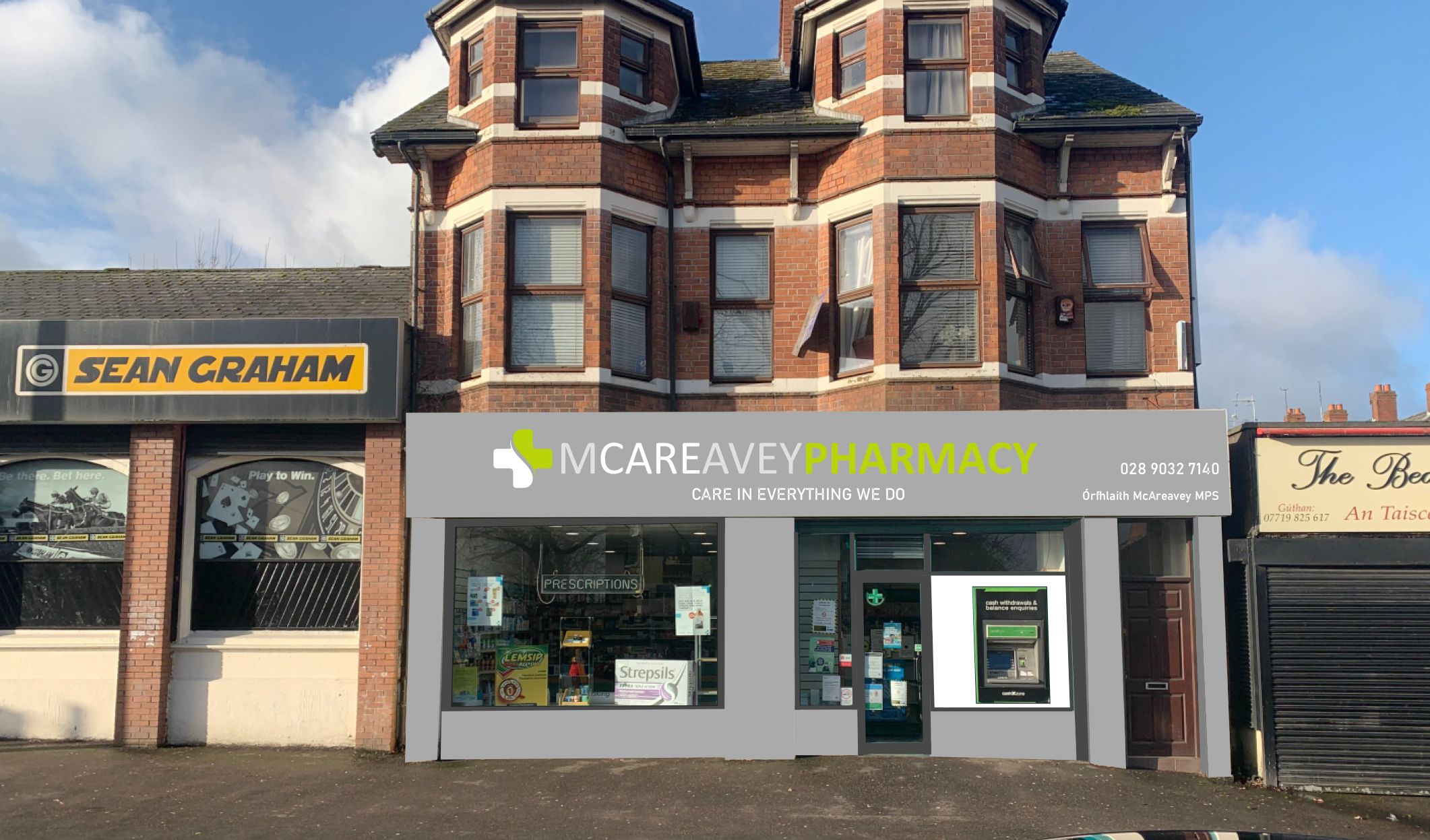 Always there with a welcome for all customers, McAreavey’s Pharmacy on the Falls Road at the bottom of the Whiterock Road