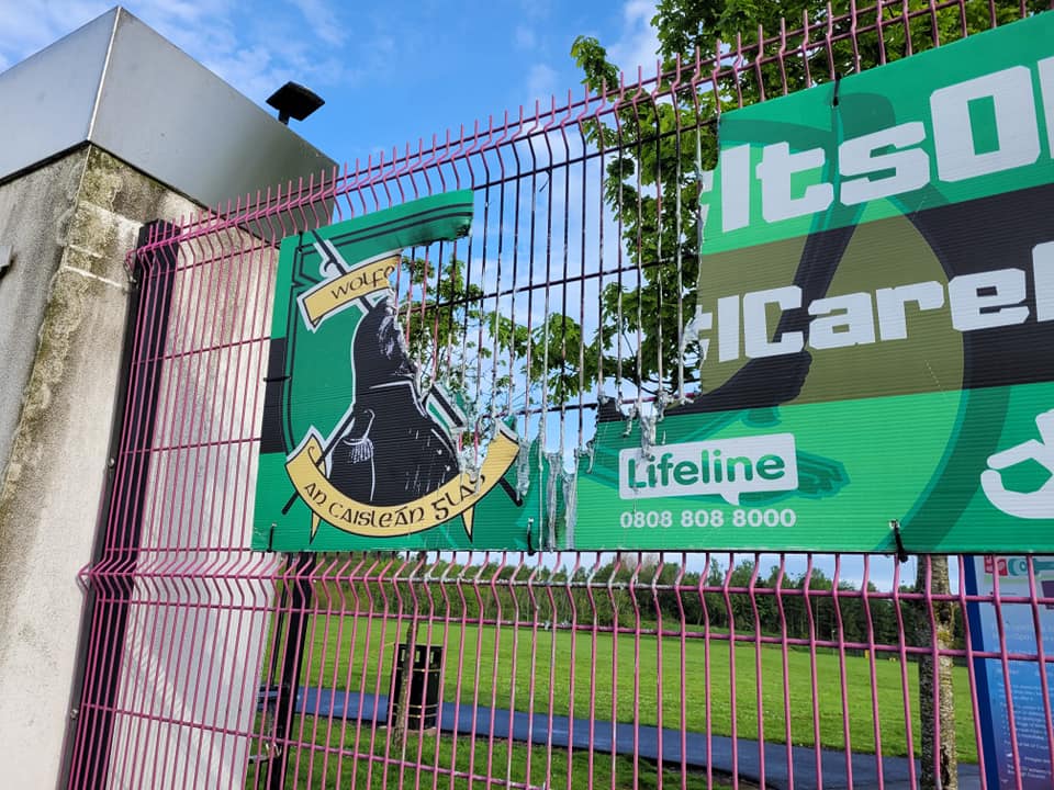 VANDALISM: The Wolfe Tones GAC mental health banner at the Valley Park in Newtownabbey