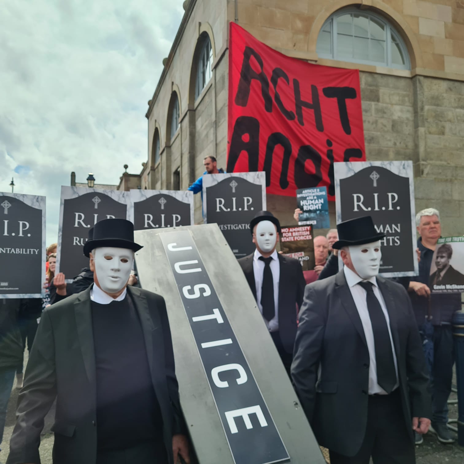UNITED: Victims\'campaigners, the Irish Language community, and border communities protested Boris Johnson\'s Hillsborough visit