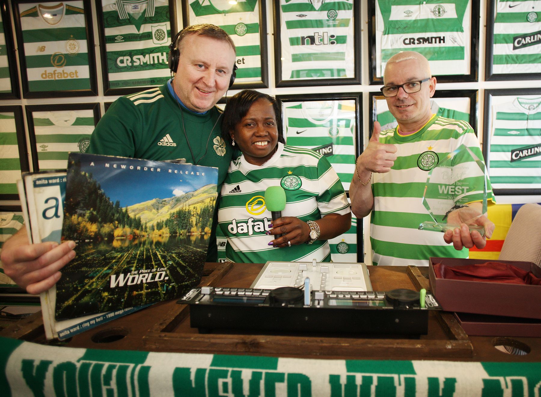 FANS: Local DJ Tony Coleman with Claudia Latouche from Toronto and Paddy Gallagher from Maghera
