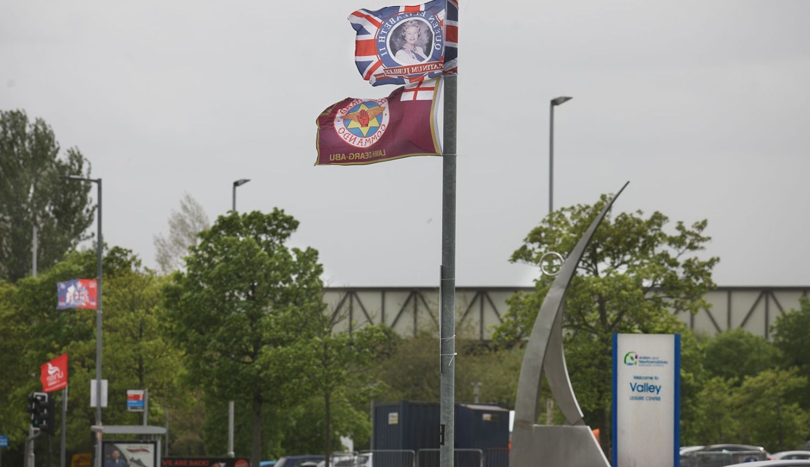 PARAMILITARY FLAGS: Church Road outside Valley Leisure Centre where the loyalist paramilitary flags were erected