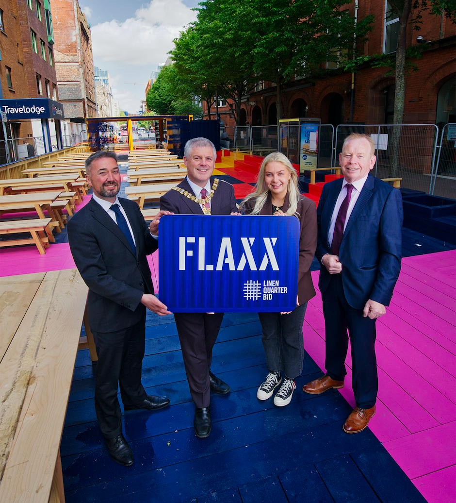 NEW SPACE: Chris McCracken Managing Director LQ BID, Michael Long Lord Mayor of Belfast, Emma McClay Marketing Manager at Linen House and Patrick Anderson, Department of Communities