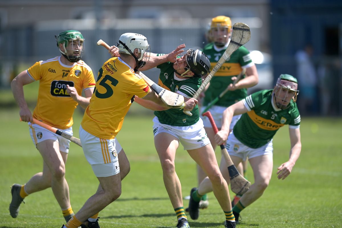 Neil McManus and Mikey Boyle collide during Saturday\'s game at Corrigan Park