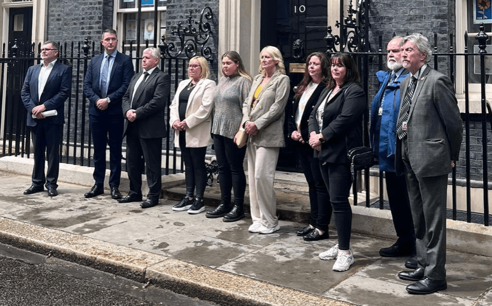 TRUTH: The RFJ delegation led by Mark Thompson, left, and including victims and Sinn Féin MPs in Downing Street