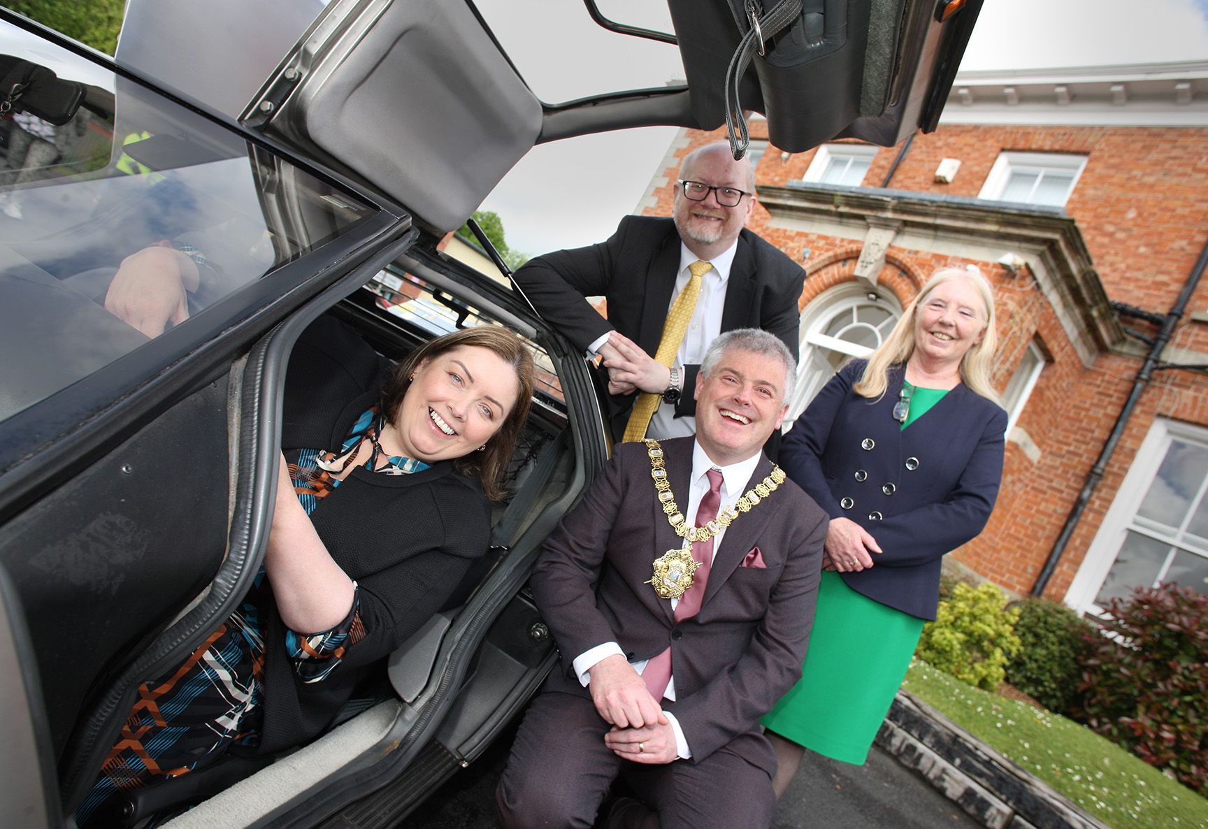 GREAT SCOTT: Communities Minister Deirdre Hargey with Deputy Permanent Secretary at the Executive Office, Gareth Johnston, Annie Armstrong from the Colin Neighbourhood Partnership and Lord Mayor Michael Long