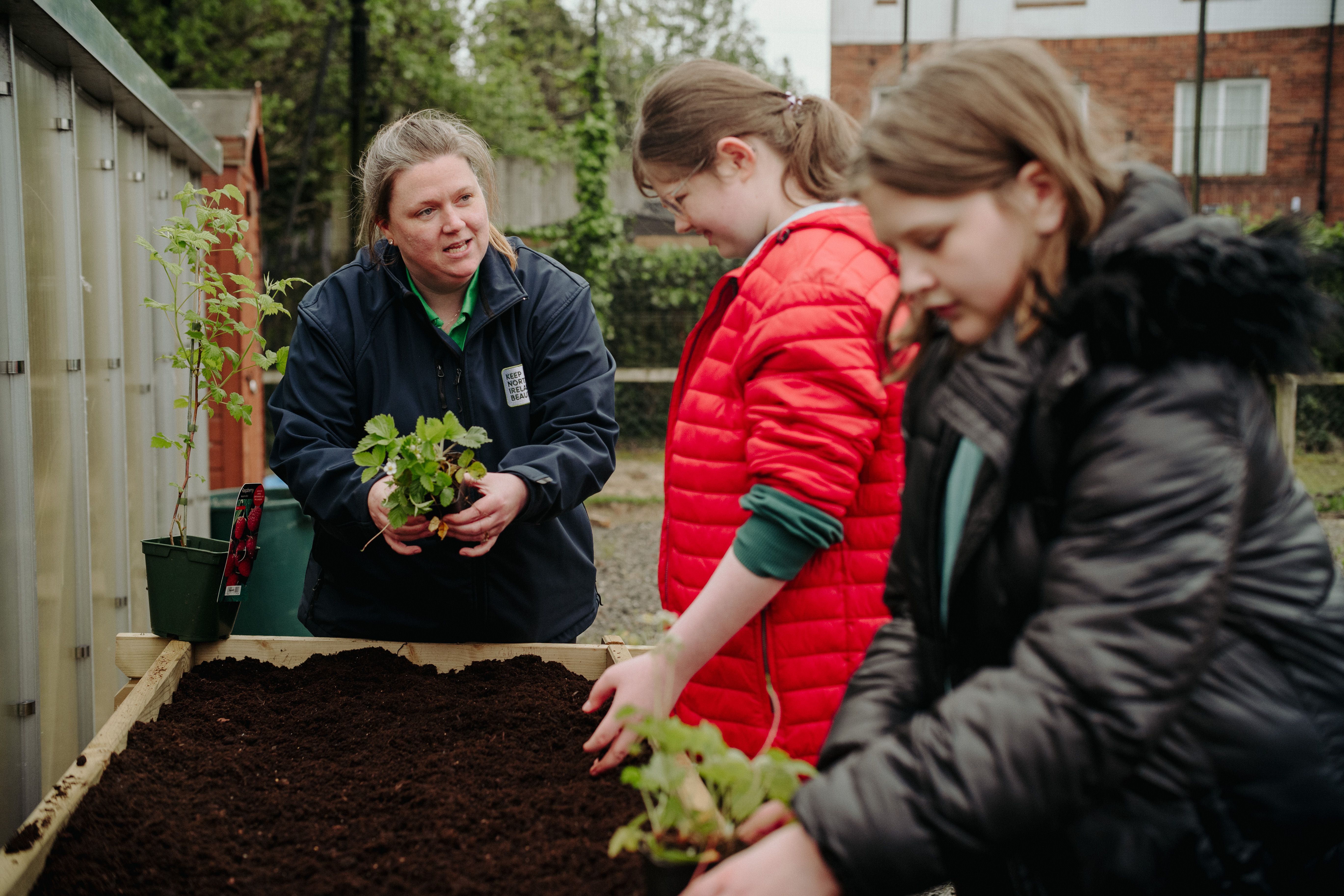 GREEN FINGERS: Charlene McKeown from Keep NI Beautiful helps St Gerard\'s pupils Roșie Clarke and Olivia Curran with their planting