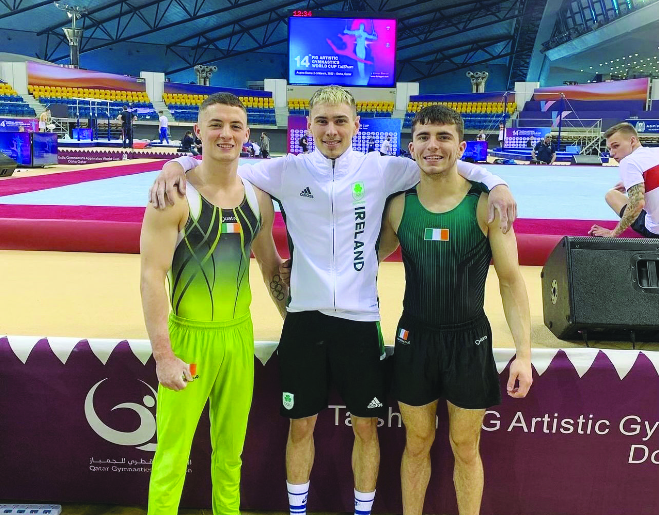 (L-R) Rhys McClenaghan, Adam Steele and Eamon Montgomery at a previous competition representing Ireland in Doha, Qatar