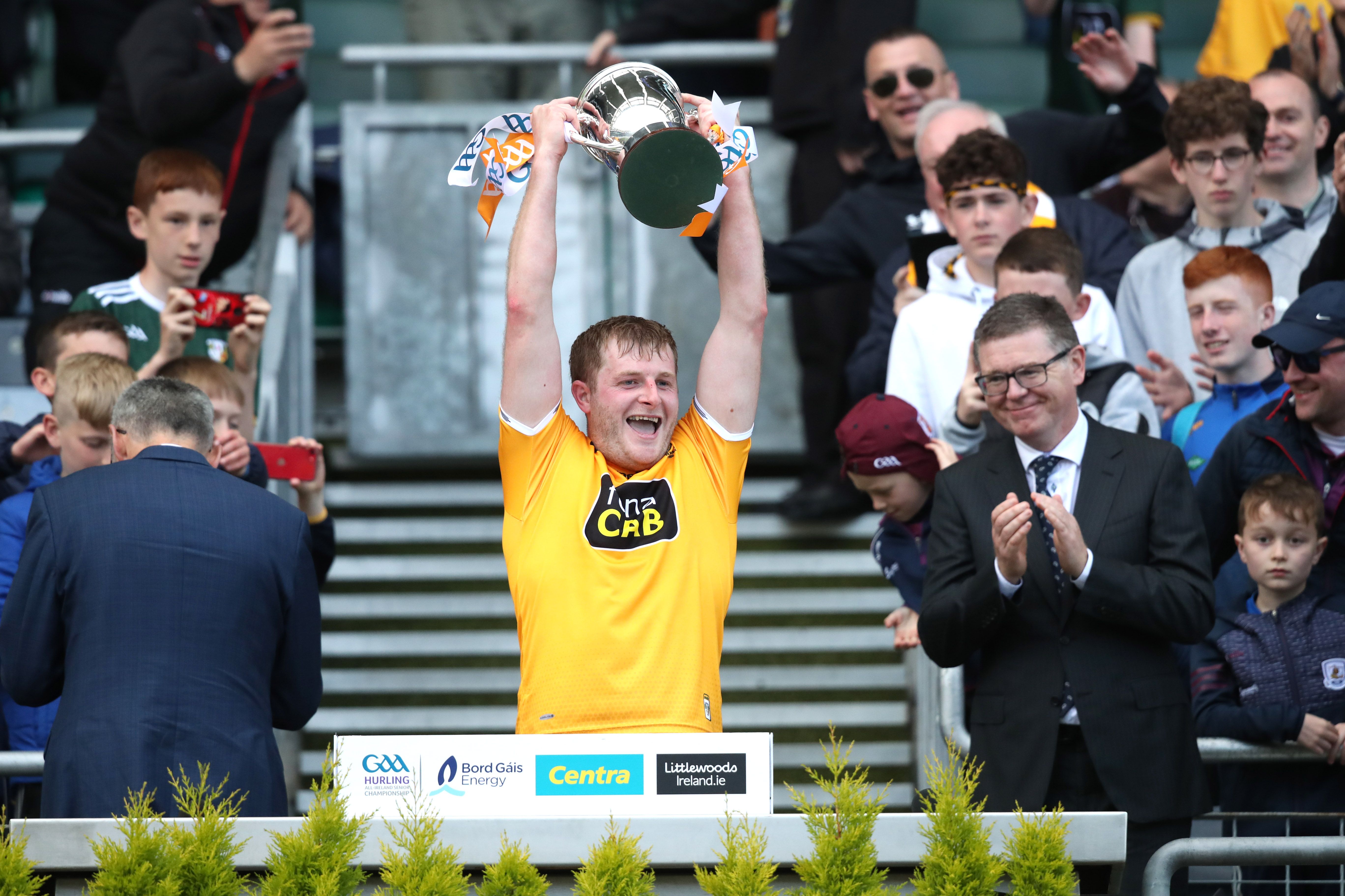 Team captain, Eoghan Campbell lifts the Joe McDonagh Cup on Saturday 