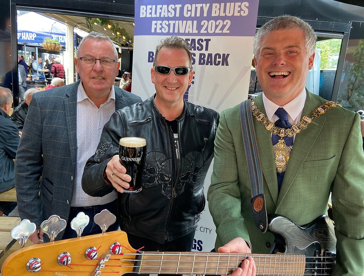 SINGING THE BLUES: During one of his last roles as Lord Mayor of Belfast, Michael Long, right, launches this year’s Belfast Blues Festival, along with Seamie O\'Neill and Lee Hedley 