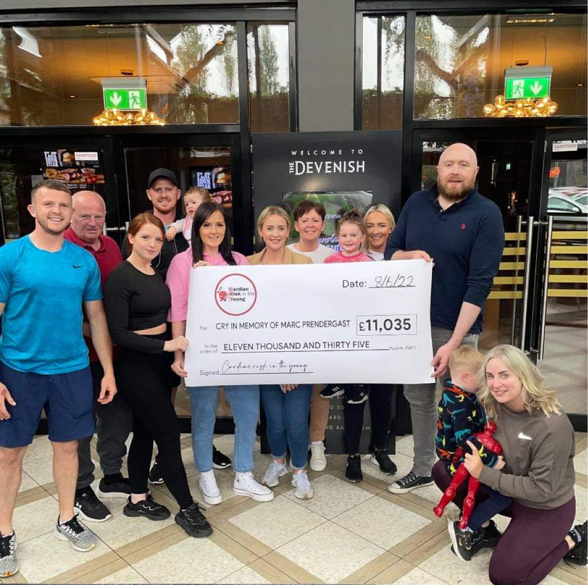 CHEQUE PRESENTATION: Family and friends of Marc Prendergast raised £11,035 for Cardiac Risk in the Young