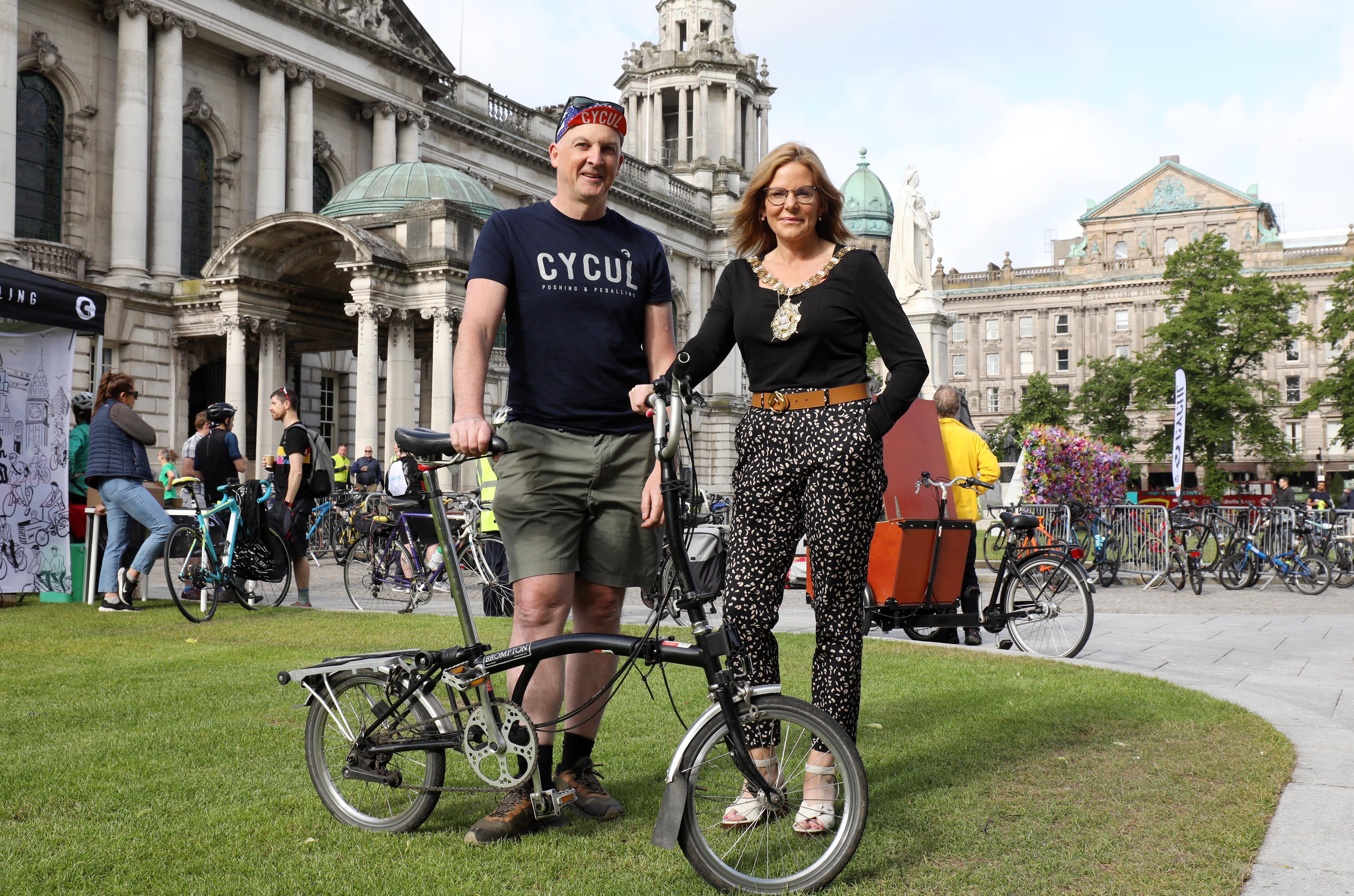 ON YOUR BIKE: Lord Mayor Cllr Tina Black joined Stephen McNally from Cycul as cyclists arrived at City Hall