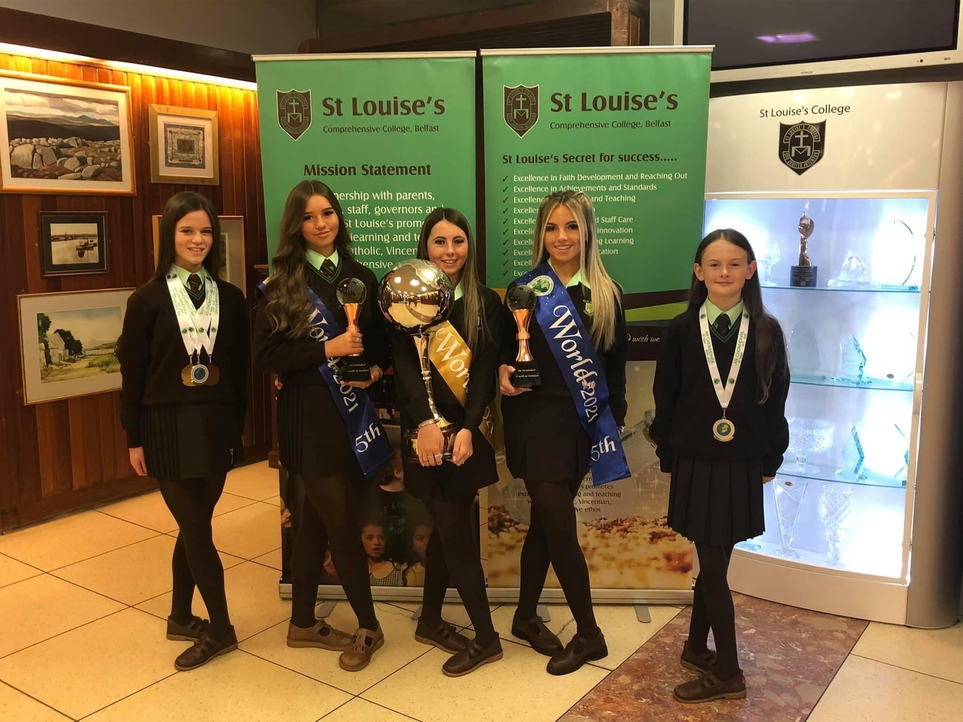 IRISH DANCING: Erin, Carys, Caragh, Clara and Emma who participated and placed in the World Irish Dancing Championships in Killarney. Caragh Hendron achieved first place.