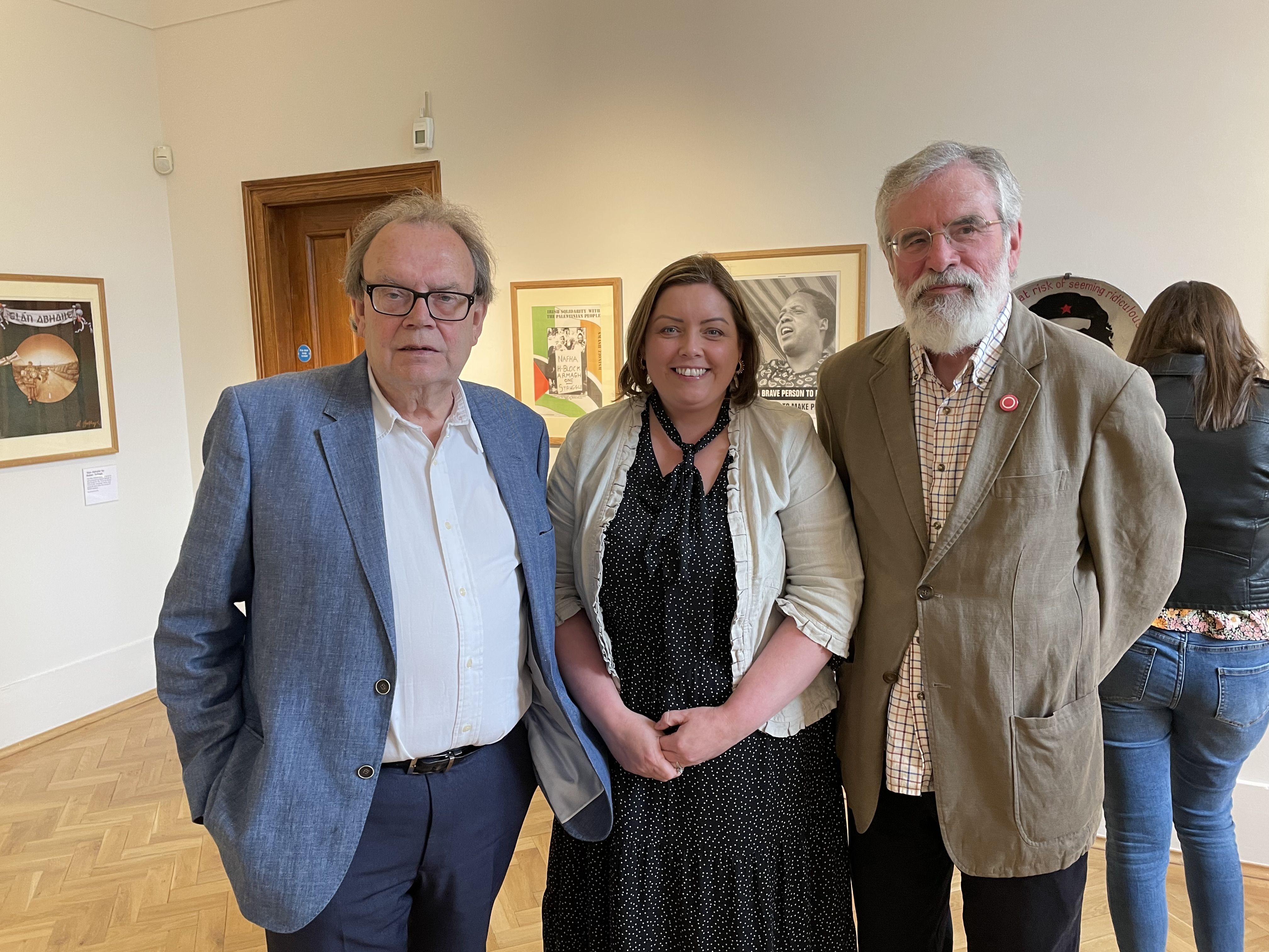 LAUNCH: Tom Hartley, Deirdre Hargey and Gerry Adams at the Ulster Museum exhibition of Tom’s fascinating collection of memorabilia