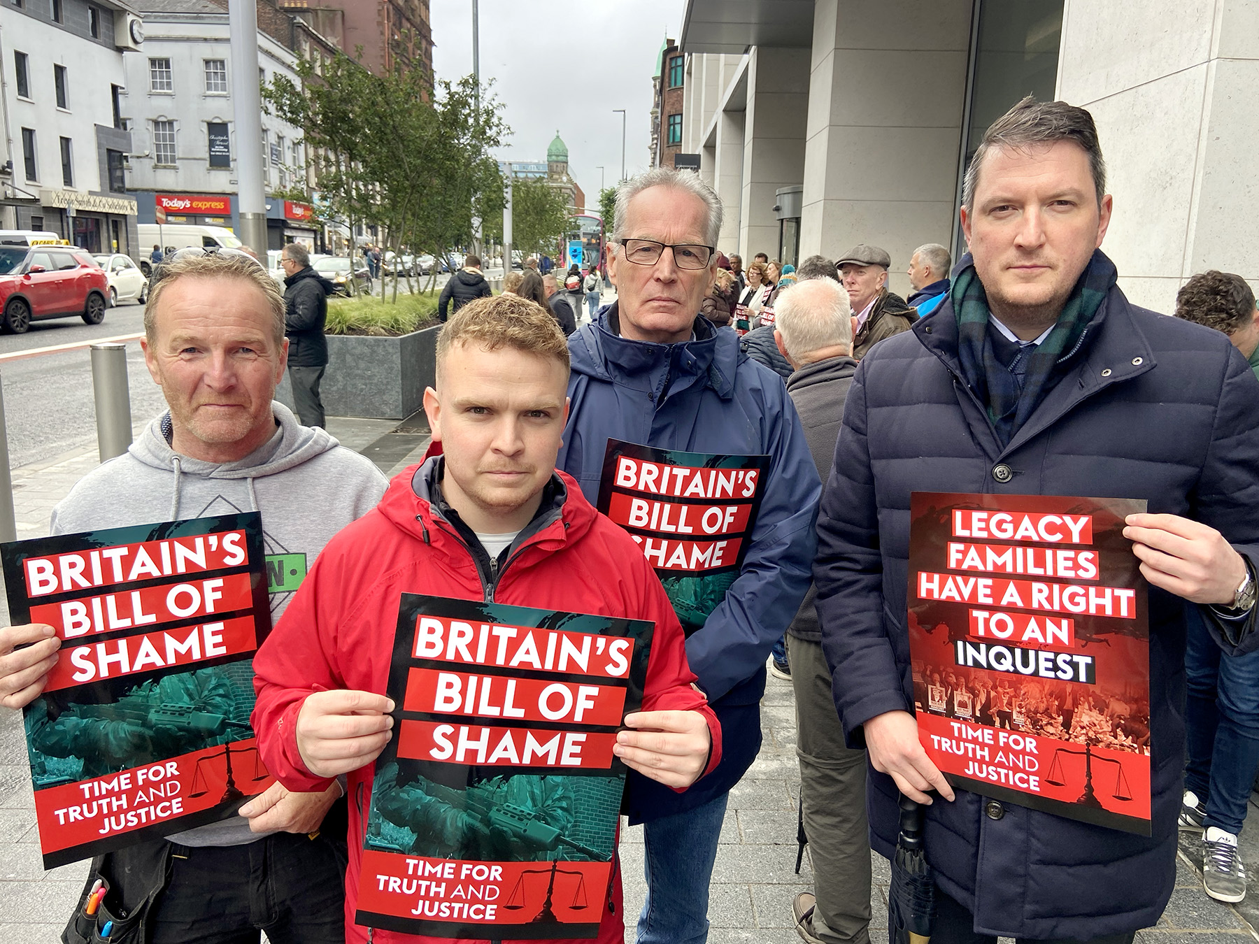 SUPPORT: Families were joined by local political representatives including Cllr JJ Magee, Cllr Ruan Murphy, Gerry Kelly MLA and North Belfast MP John Finucane 