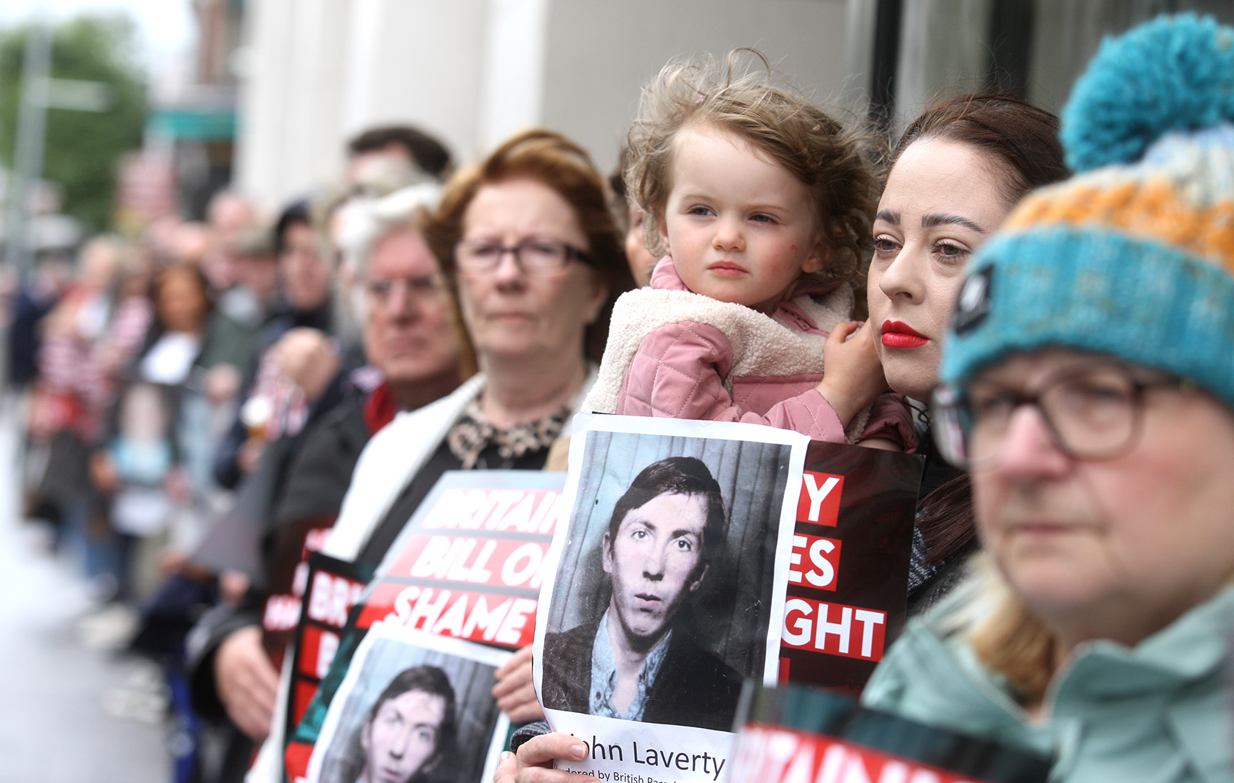 BILL OF SHAME: Families of those killed by British forces gathered outside the NIO Office on Chichester Street to voice their opposition to the legacy proposals 