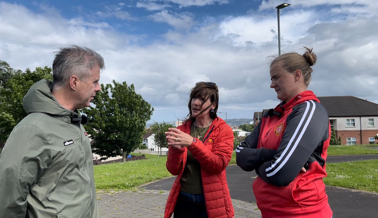 Artist Sara Bell-Cunningham (centre) discusses her sculpture plans with Sinn Féin\'s Councillor Stevie Corr and Aisling Reilly MLA