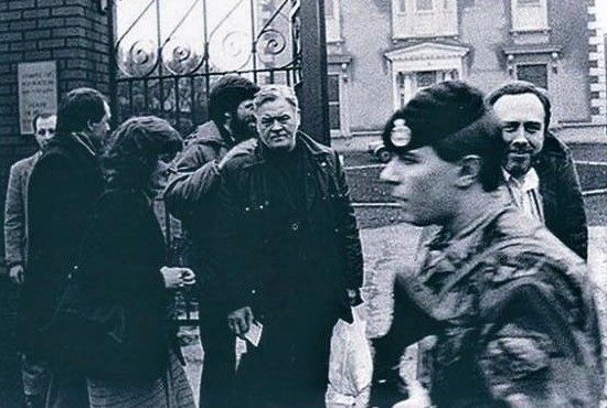 FLASHBACK: Bingo Campbell eyeballs a British soldier near the Sinn Féin office on the Falls Road