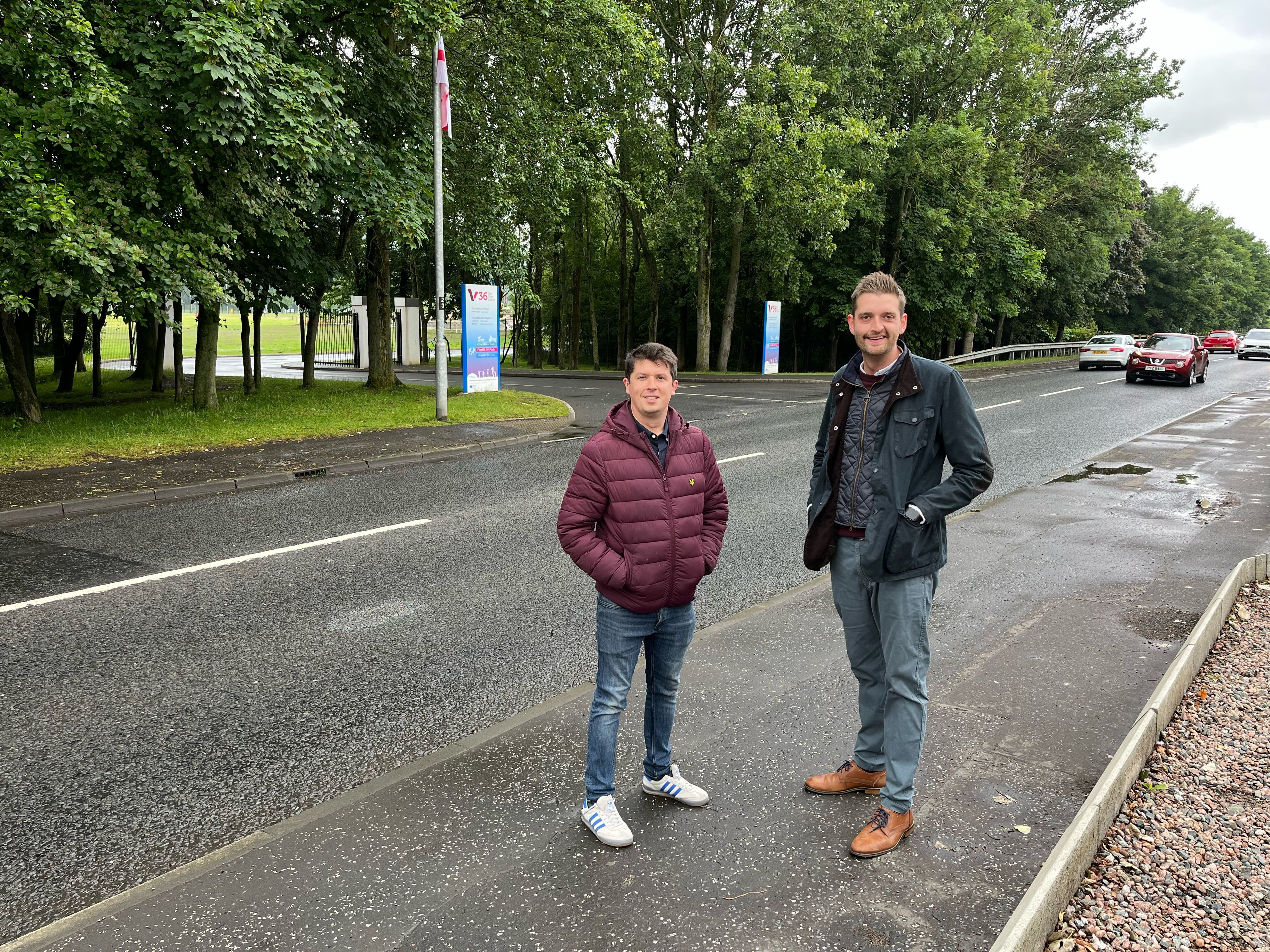 WELCOME: DUP Councillor Ben Mallon and Phillip Brett MLA at the Church Road entrance to the V36 park