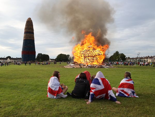 ANOTHER WAY: A satellite bonfire burns at Craigyhill, Larne, beside the 200ft monster