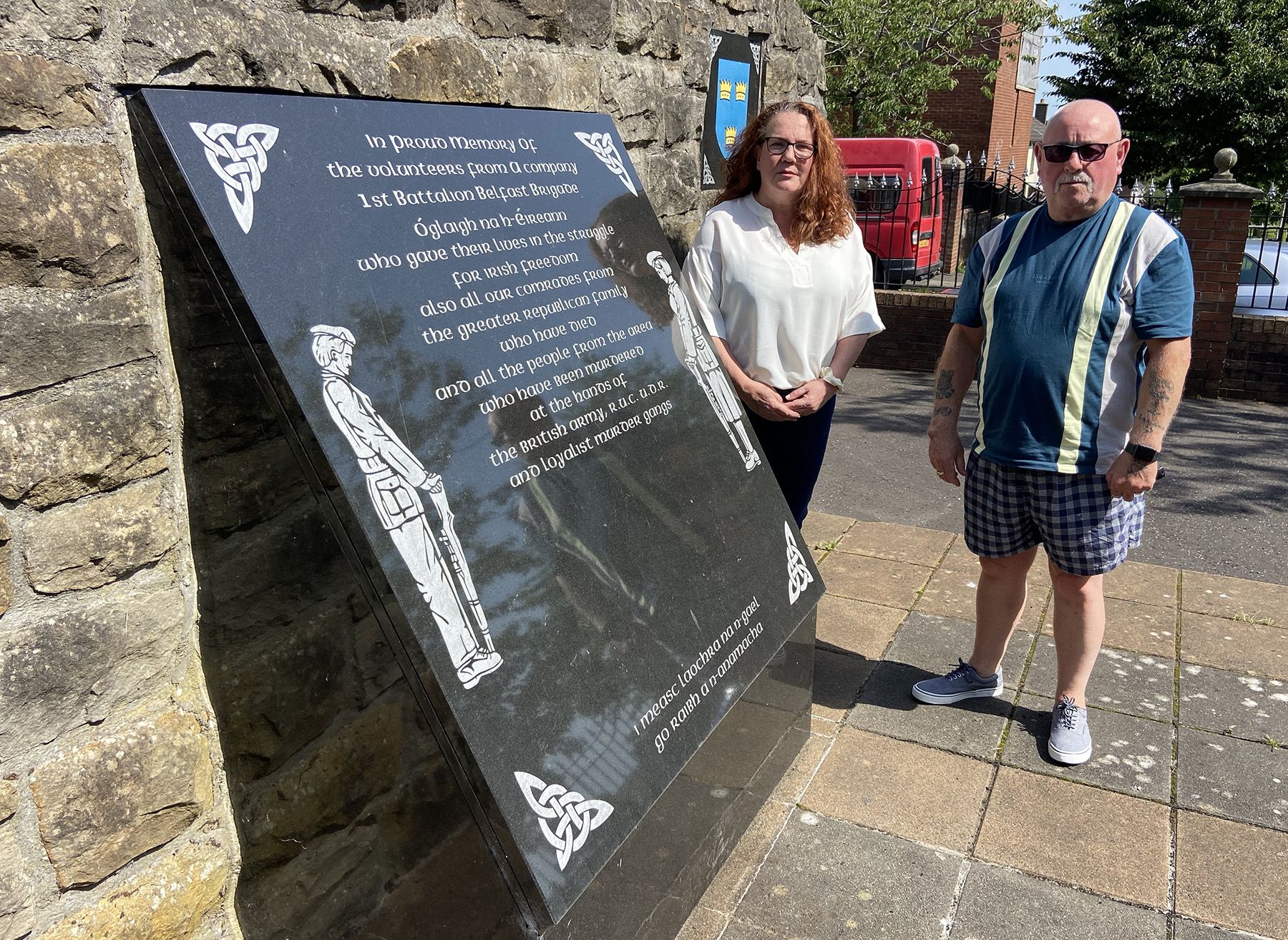 RESPECT: Sinn Féin councillor Áine McCabe and Sean Lennon, Chair of the Commemoration Committee, at the memorial garden on the Shaws Road