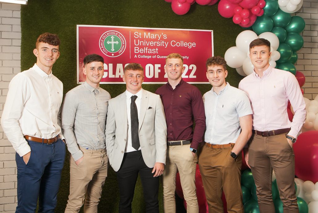 BEd Physical Education Students gather for a celebratory class photo:  L- R Sean Kell; Paddy Quigg; Jim Short; Sean McGowan; James Diamond; and Ryan Coleman