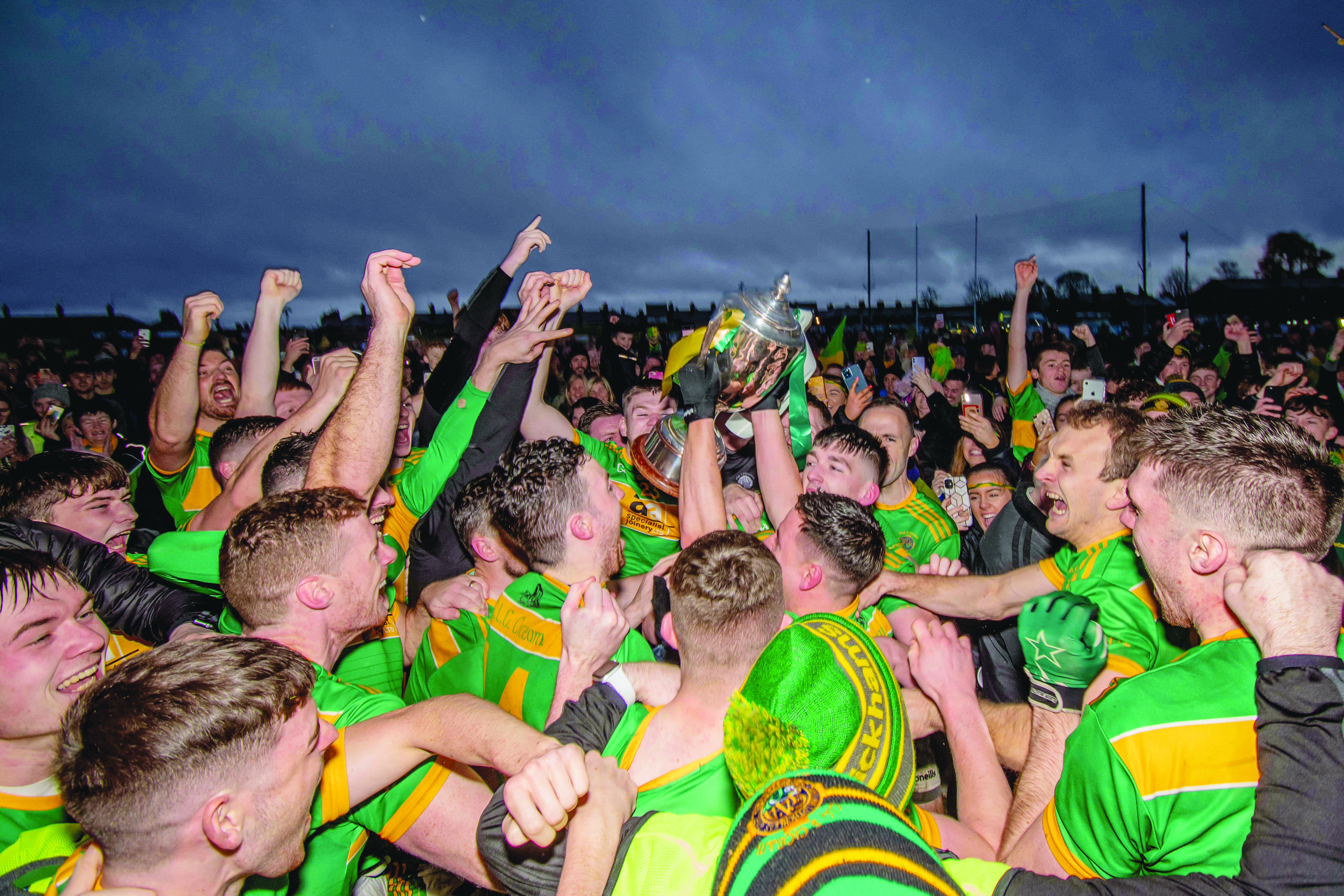 Creggan celebrate after winning last year’s Senior title and Kickham’s begin the defence of the Padraig McNamee Cup with a home game against Lámh Dhearg on Sunday