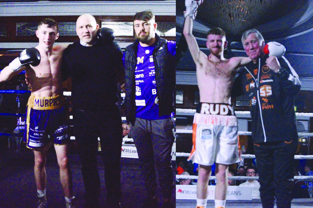 Colm Murphy (left, with manager Mark Dunlop and coach Dee Walsh) and Ruadhan Farrell (right, with coach John Breen) will meet for the BUI Celtic super-featherweight title at the SSE Arena next Saturday on the undercard of Michael Conlan v Miguel Marriaga