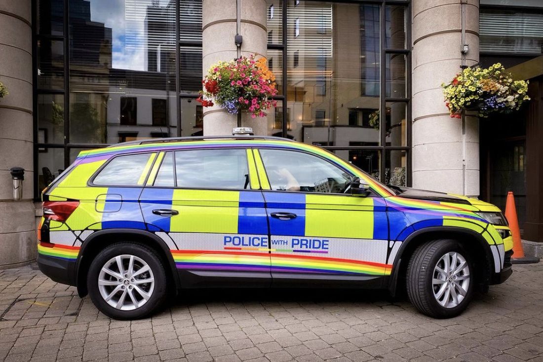 The police 4X4 with a rainbow strip below the driver’s side doors 
